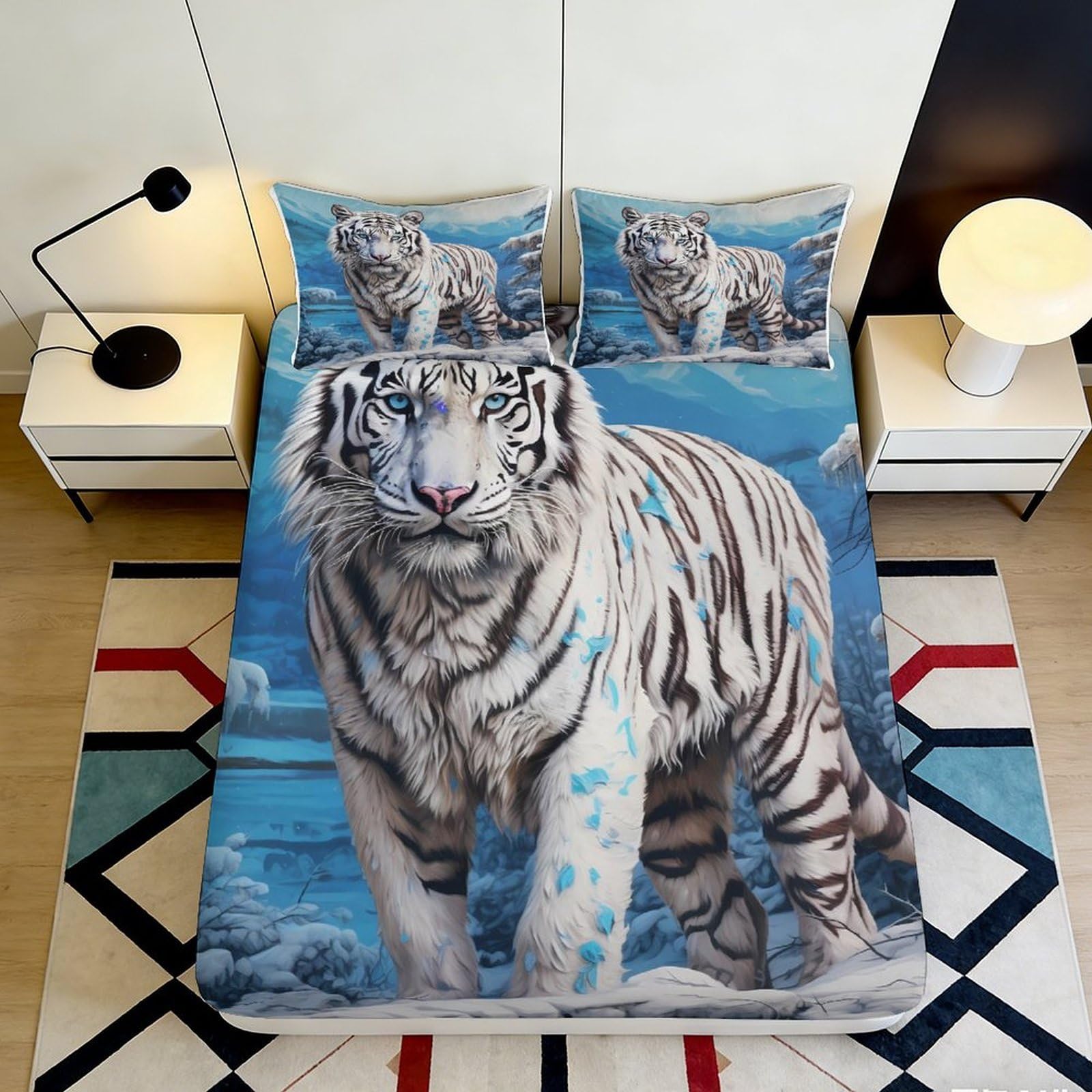 3D Printed White Tiger Fitted Sheet Microfiber Soft Breathable Snow Pattern Bed Cover for Bedroom Dormitory Guest Room Mattress Protection Decor 140x200x25cm