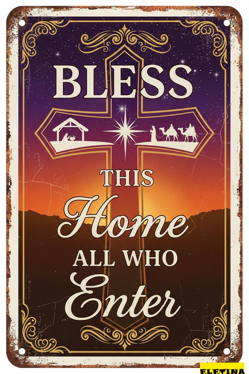 Bless This Home All Who Enter Easter Bible Verse Nativity Scene Vintage Metal Wall Decor Religious Sign 8x12in