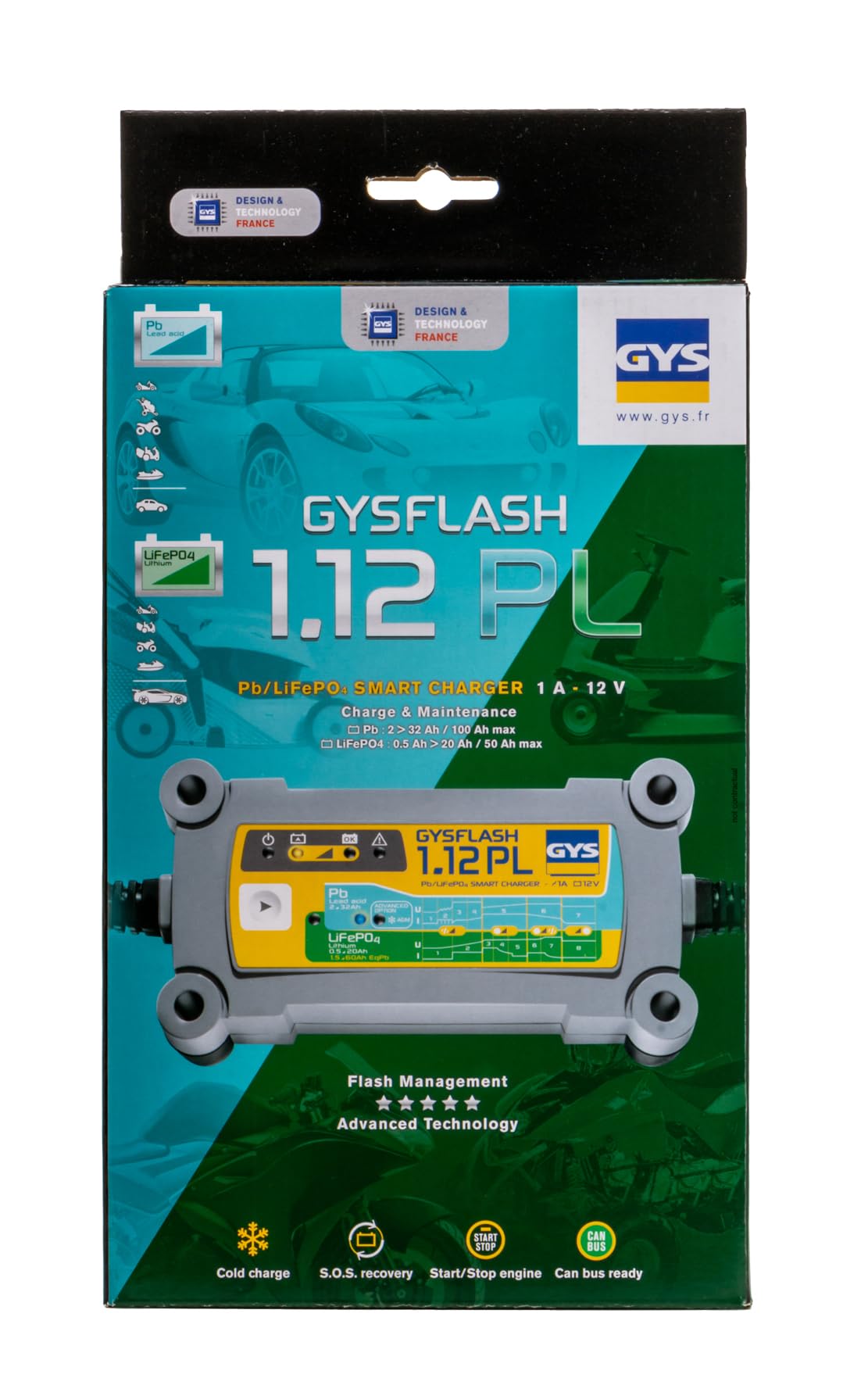 GYS - GYSFLASH 1.12, Caricabatterie/Mantenimento di Carica per Le Batterie, 12V, 1A, Piombo e Litio, Caricatore Intelligente, mantenitore, Moto, Auto, Moto d’Acqua, Showroom - 026902