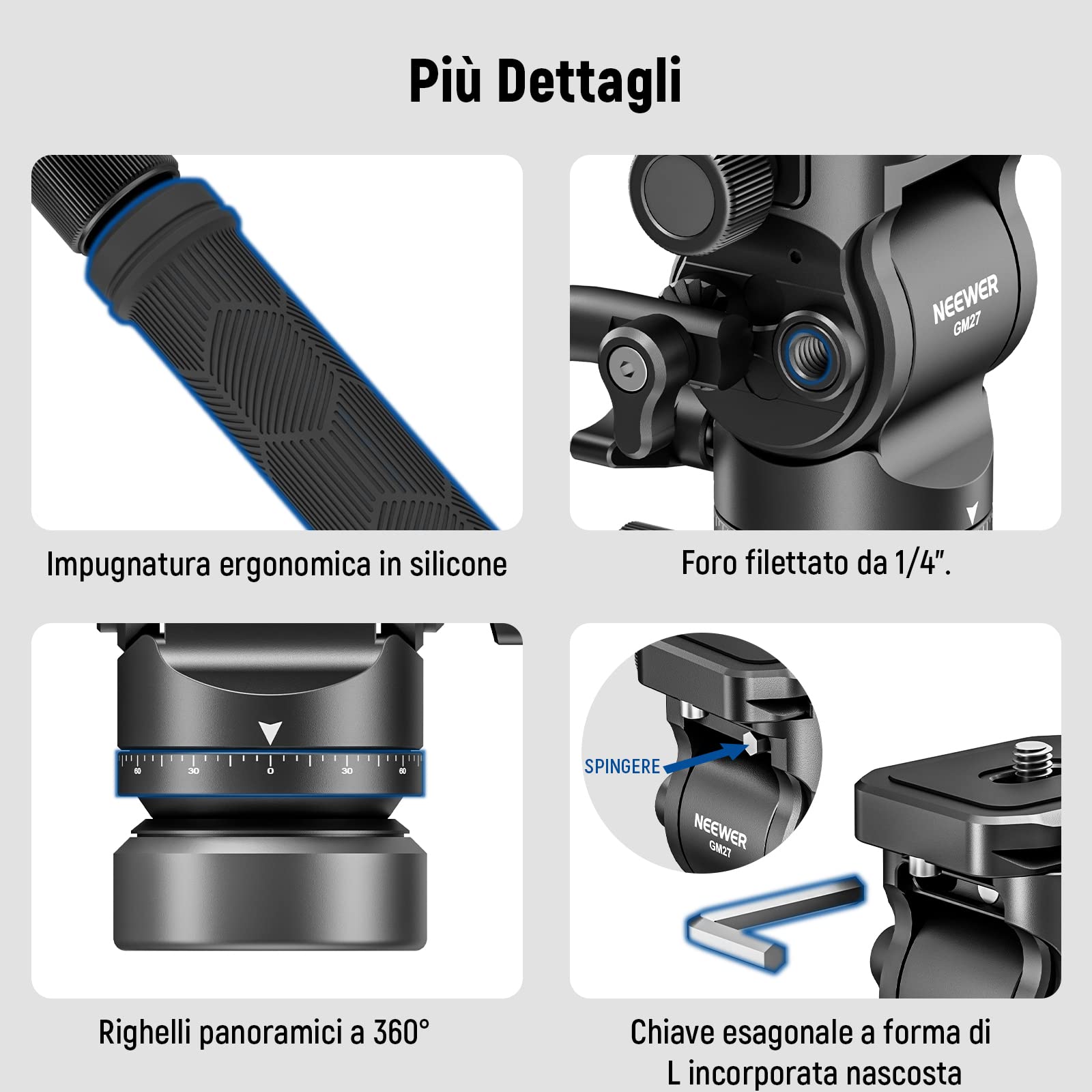 NEEWER Testa Fluida per Treppiede con Base di Livellamento +/-10°, Testa Video Pan Inclinabile con Piastra QR Arca, Maniglia Telescopica, Panno Pulizia per Videocamera Fotocamera DSLR, Max 4kg, GM27