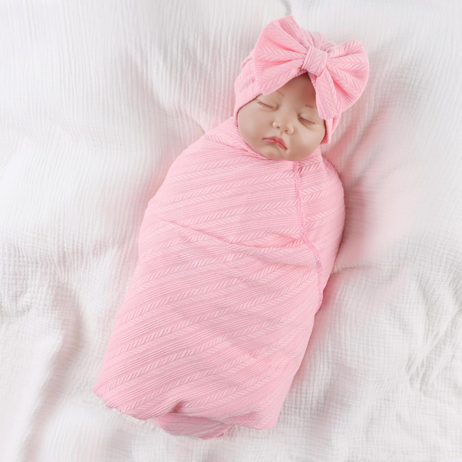 OMUKY Newborn Receiving Blanket Bow Headband and Beanie Set Baby Swaddle Receiving Blankets Baby Boy Girls Nursery Swaddle Wrap(Light Pink+Purple)