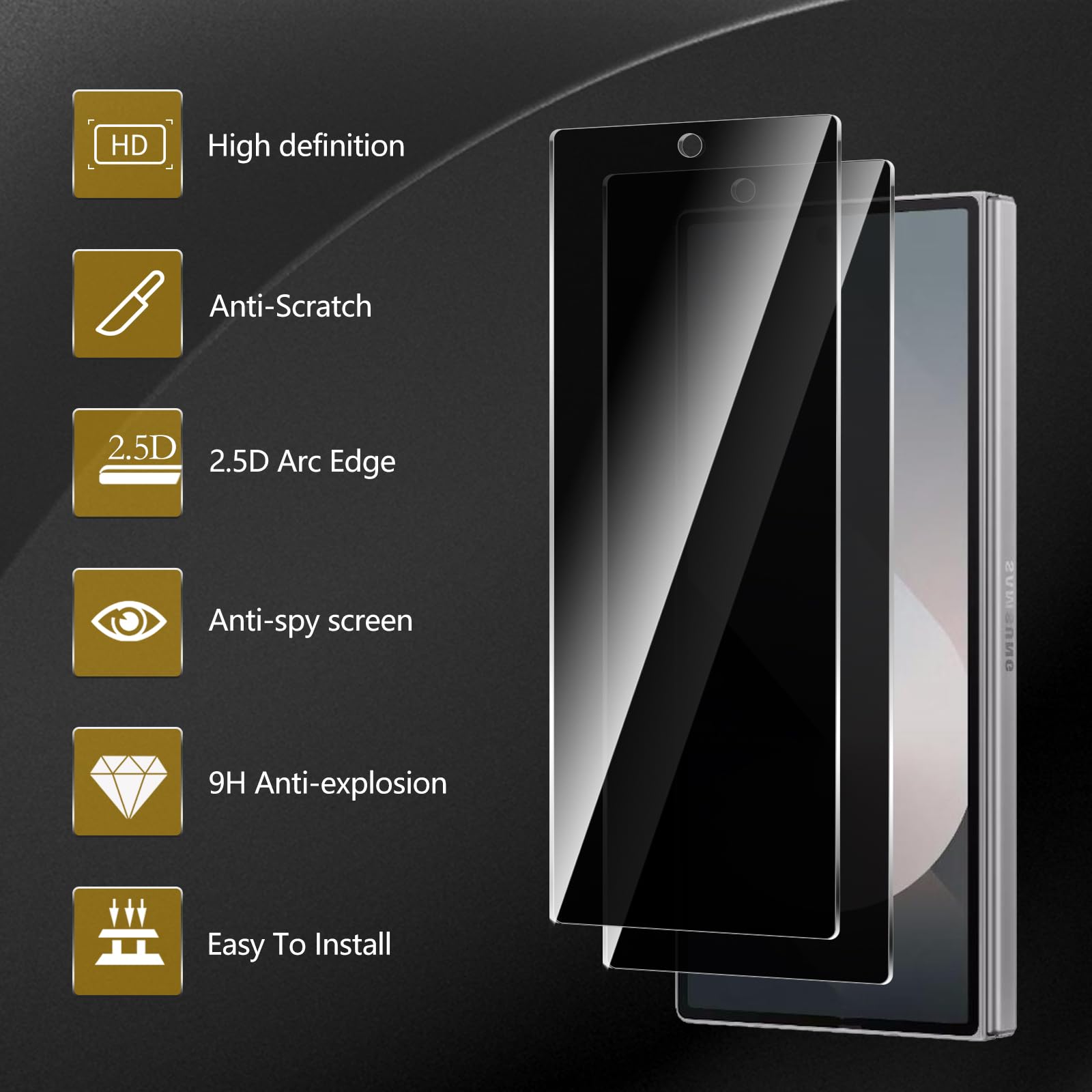 3-pak ochraniaczy ekranu do Samsung Galaxy Z Fold 6, hartowane szkło antyszpiegowskie, twardość 9H, czarny ochraniacz antyszpiegowski, bez pęcherzyków powietrza, odporny na zarysowania