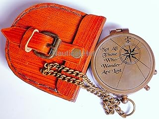 Nautical Hut The Golden Compass for Hiking Backpacking- Orienteering Compass with Leather Carry Case, Chain & Engraved Slogan - Kids Compass for Map Reading Camping Hunting and Outdoor Activities