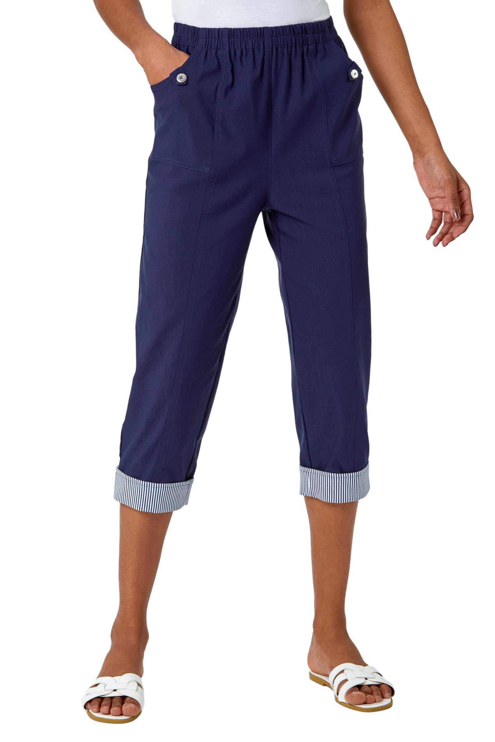 Roman Originals Women's Navy Cropped Stretch Trouser For Uk - Capri Pants Summer Leggings 3/4 Three Quarter Pedal Pusher Elasticated Waist Cut Off Contrast Detail Pull On Work - Size 20