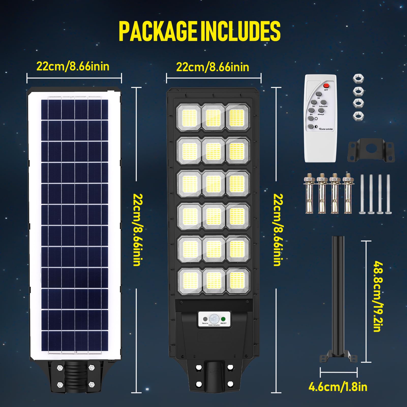 Zewnętrzna lampa uliczna solarna 600 W z czujnikiem ruchu i zdalnym sterowaniem, 576 diod LED 6500K, IP65, wodoodporny, 3 inteligentne tryby