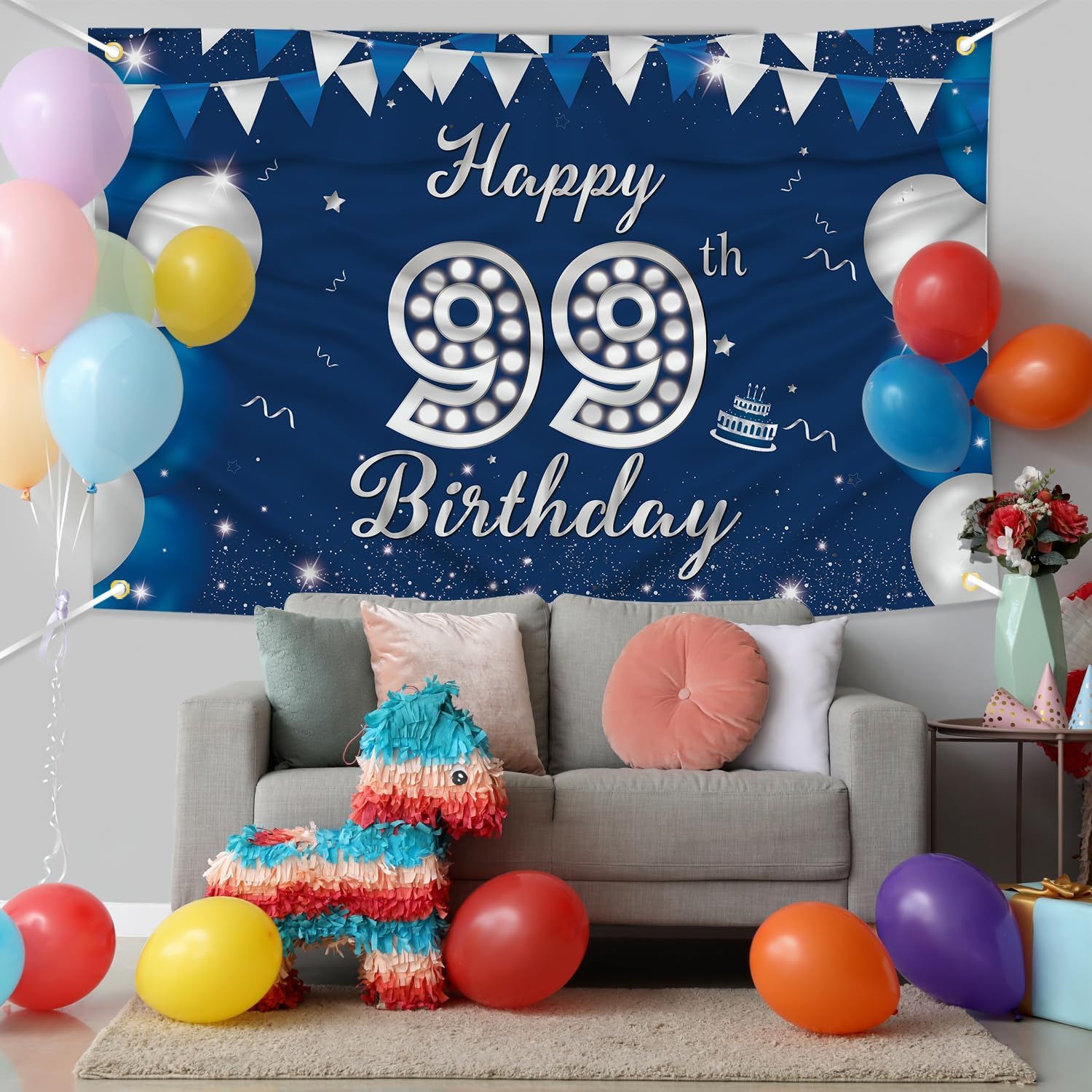 JOYKY Happy 99th Birthday Banner, Blue Silver Happy 99th Birthday Party Decorations for Men, 99 Year Old Birthday Supplies Backdrop Décor, 5.9 X 3.8 Fts