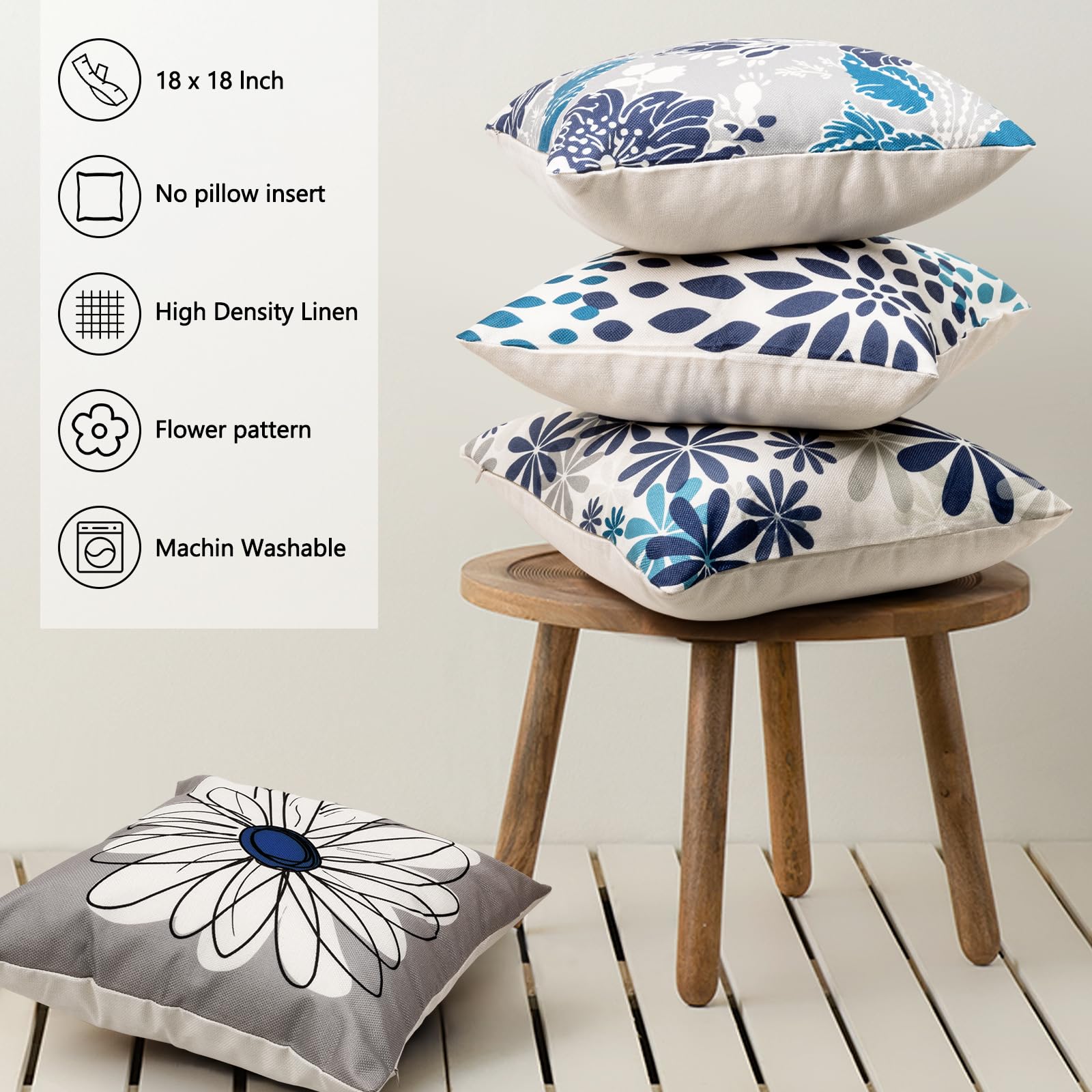 Baidast Decorative Throw Pillow Covers 18x18 Inch,Grey and Blue Linen Pillow Cases for Living Room Sof Cushion Cover Bed Indoor Outdoor Bed Pillowcases Set of 4 - Image 3