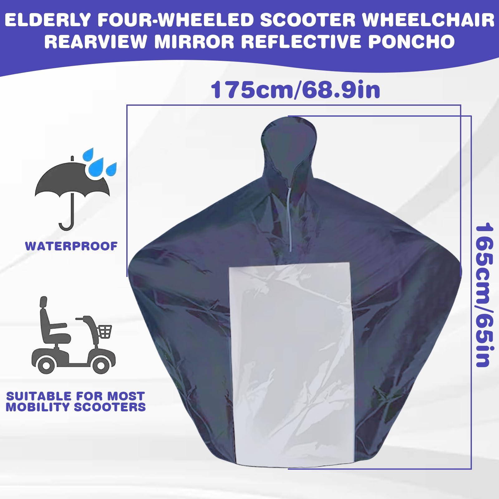 Poncho de pluie pour véhicules électriques : 165 x 110 x 175 cm Mobility Scooter Protection contre la pluie pour fauteuils roulants, scooter électrique, poncho de pluie universel imperméable
