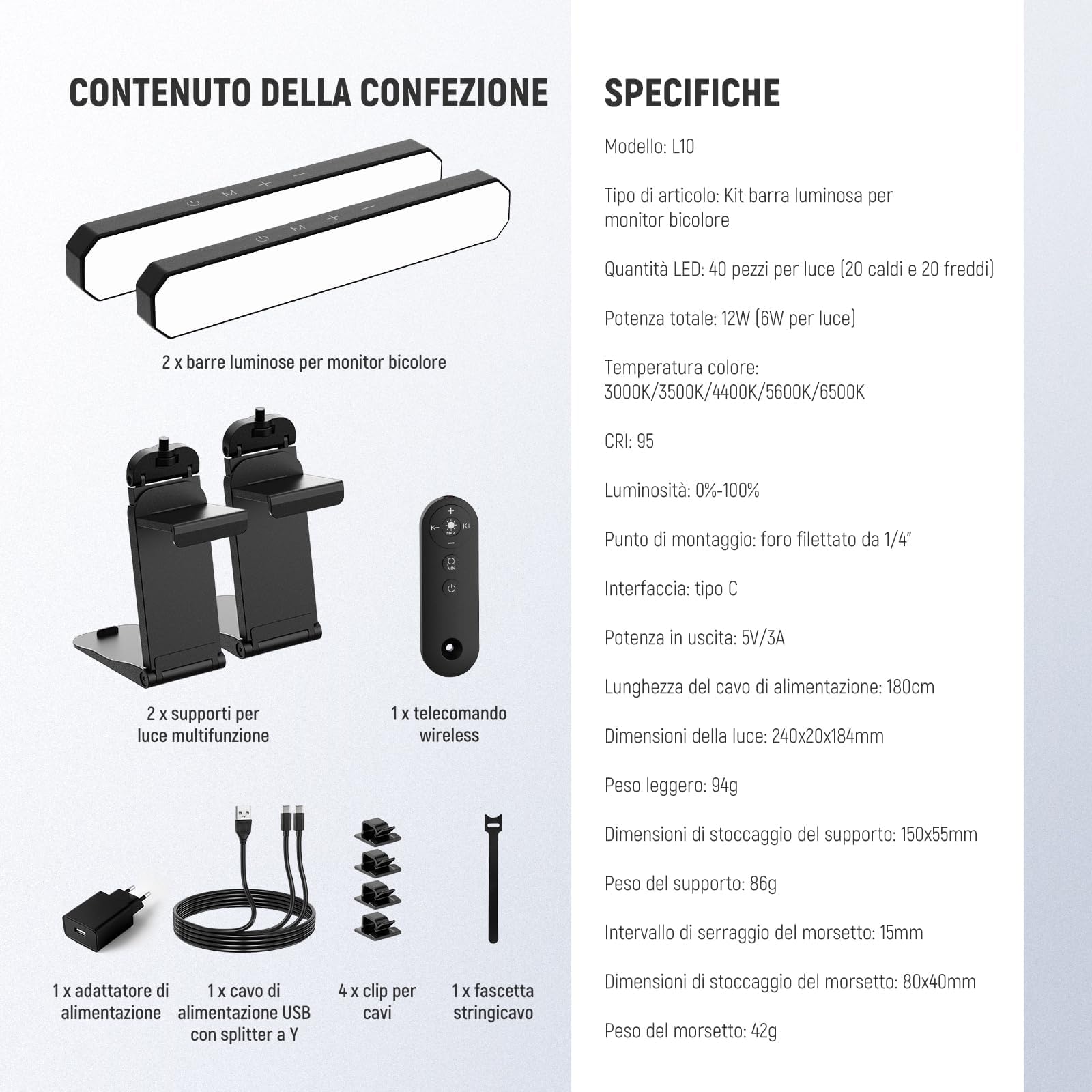 NEEWER BASICS 12W Barra Luce Monitor e Stand (2pz), Lampada Scrivania LED per Casa Ufficio Videoconferenza Computer Laptop Webcam Zoom Streaming, Bicolore Dimmerabile, Telecomando/Controllo Touch, L10