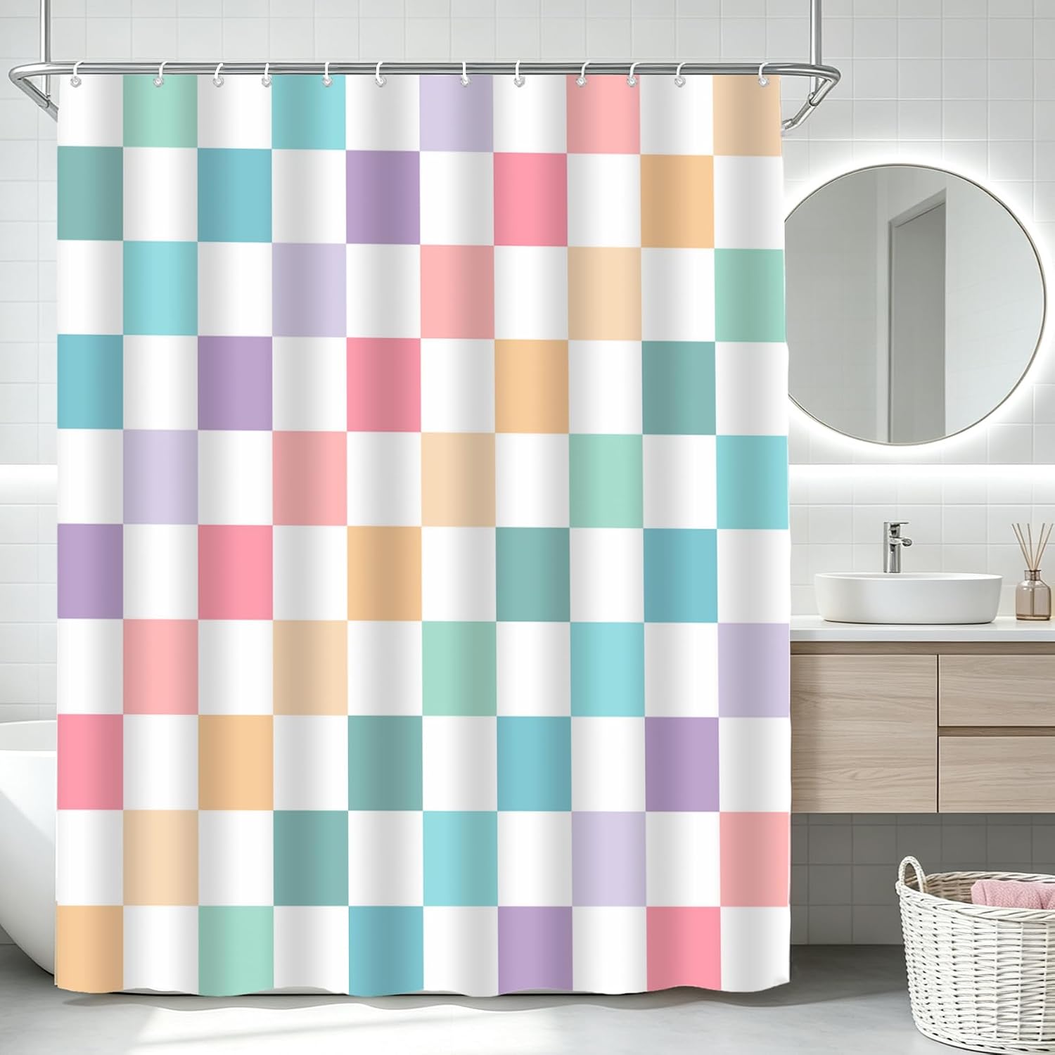 Colorful Checkered Shower Curtain Retro Rainbow Geometric Modern Minimalist Simple Aesthetic Vintage 60s 70s Funky Bath Decor Curtain with Hooks, 70x70 Inch
