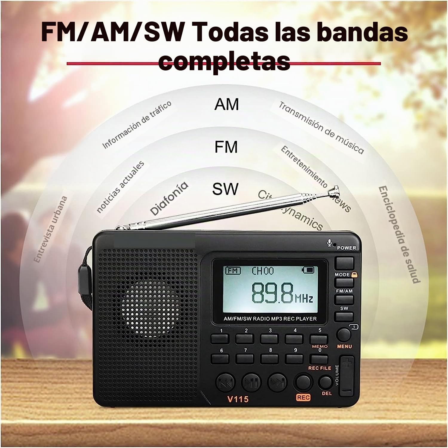 Radio V115 Radio AM FM SW radio bolsillo onda corta FM altavoz, admite tarjeta TF, grabadora USB, modo de suspensión