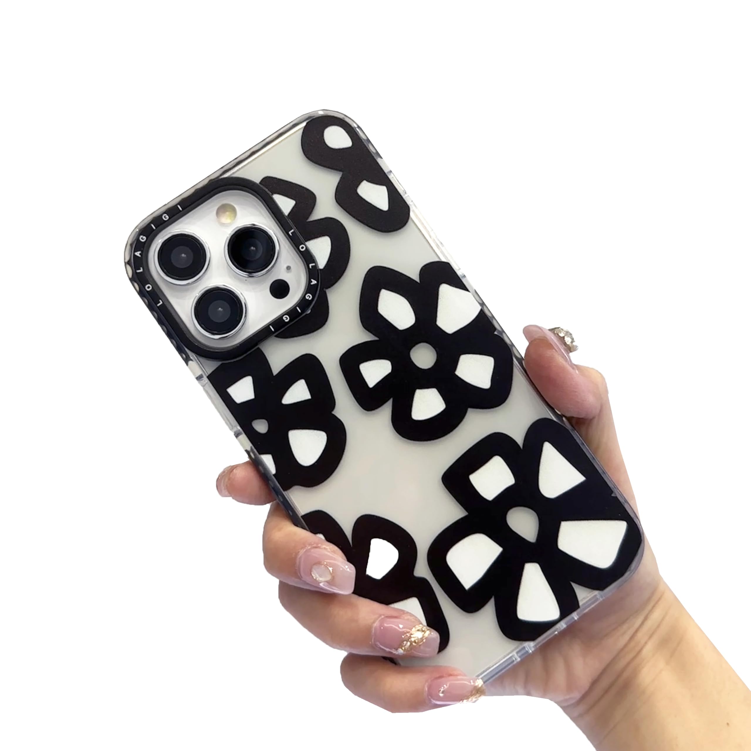 LOLAGIGI Case for iPhone 14 Pro Max, Cute Black Flower Clear Print Kawaii Design Girly Aesthetic Cartoon Pattern for Women Girls Teens Soft TPU Case,