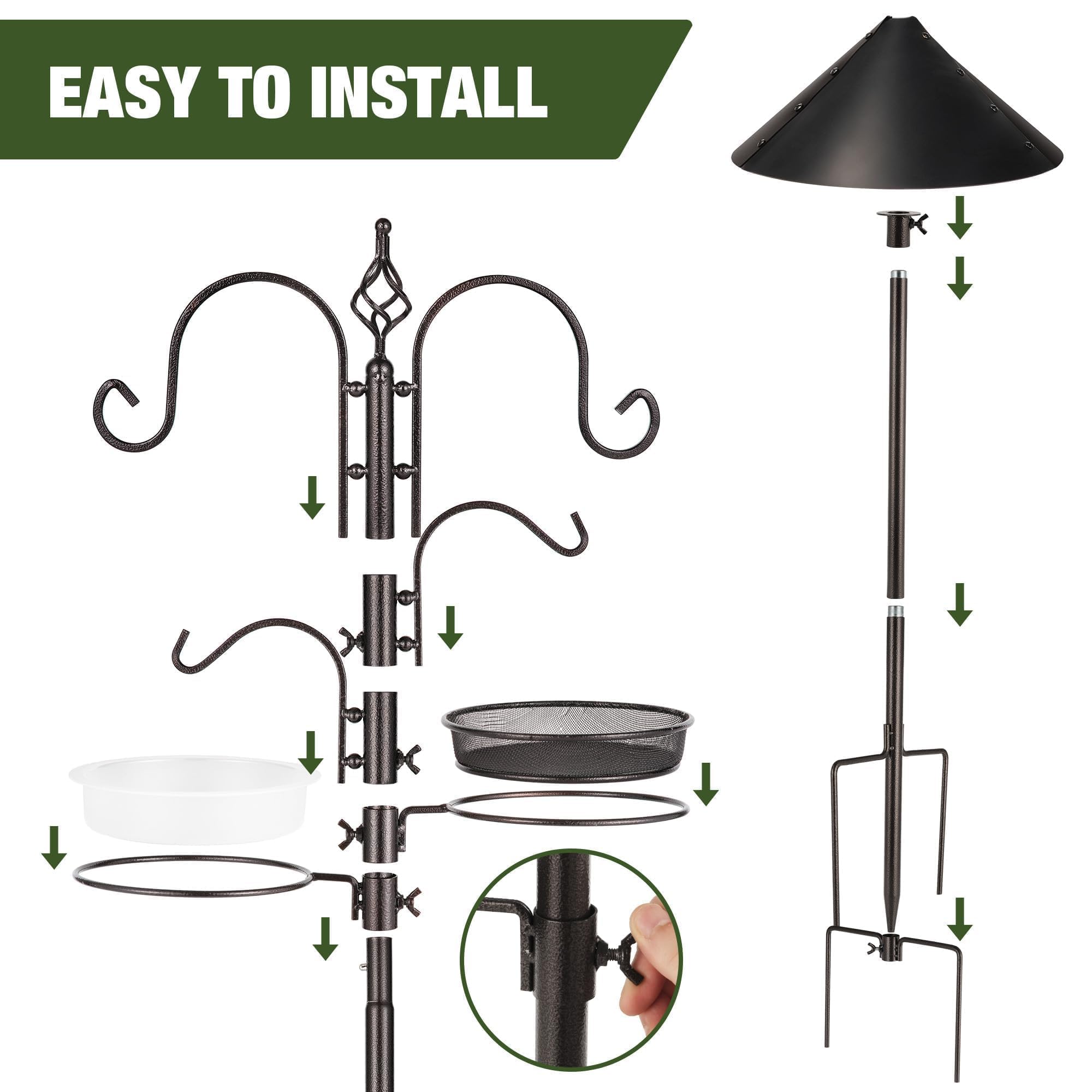 ERYTLLY Comederos para pájaros, kit de estación de alimentación para pájaros, poste de alimentación para pájaros, kit colgante con protector de ardillas, deflector, jaula de sebo, tubo, comedero para