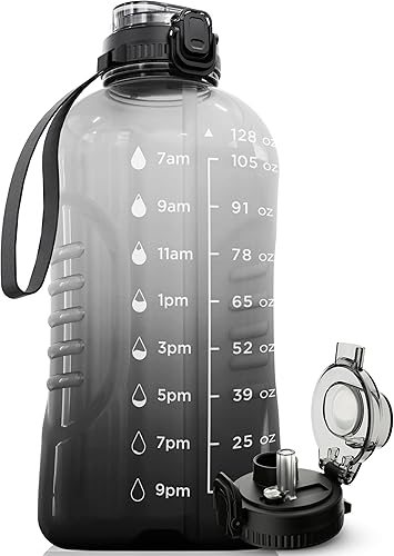 AQUAFIT - Botella de agua de 128 oz con marcador de tiempo - Pajilla y tapa de sifón 2 en 1 - Jarra grande sin BPA con pajita - Botella de agua para