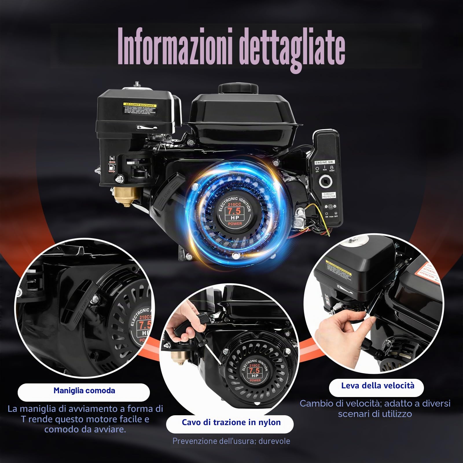 Motore a benzina a 4 tempi 7,5 CV con avviamento elettrico e trazione