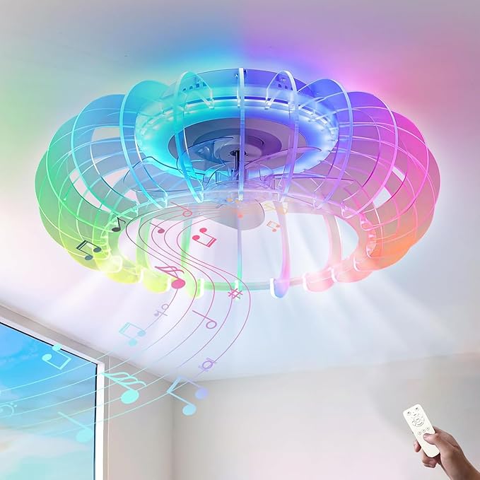 KZT RGB Stille plafondventilator met verlichting LED plafondlamp met ventilator en afstandsbediening Dimbare kinderkamerlamp met Bluetooth luidspreker Muziek plafondverlichting Slaapkamer speelkamer lamp
