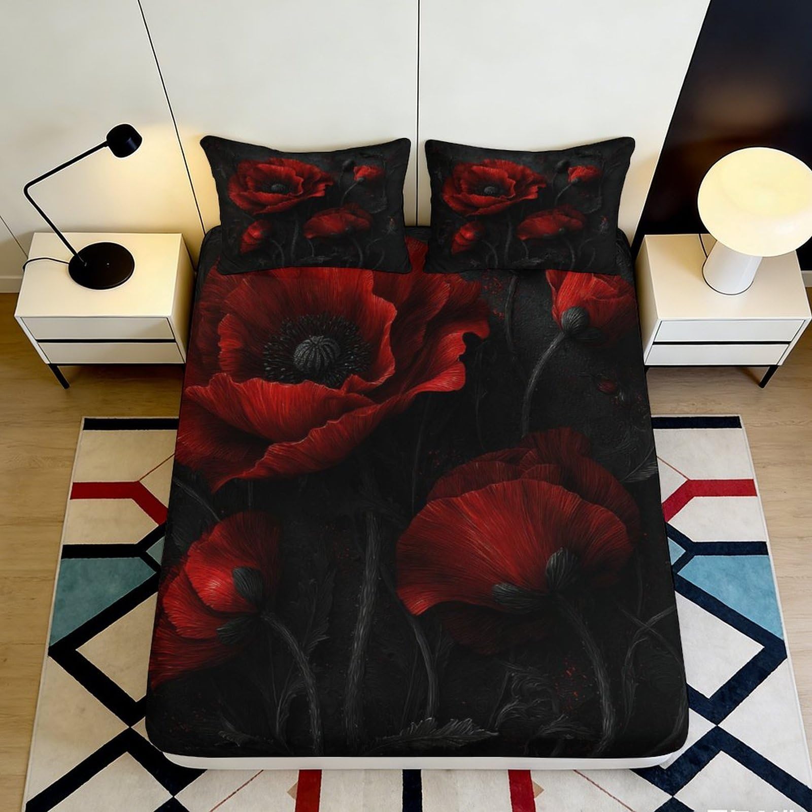 3D Printed Red Poppy Flower Fitted Sheet Microfiber Soft Black Artistic Bed Cover for Bedroom Guestroom Dorm Decor 90x200x25cm