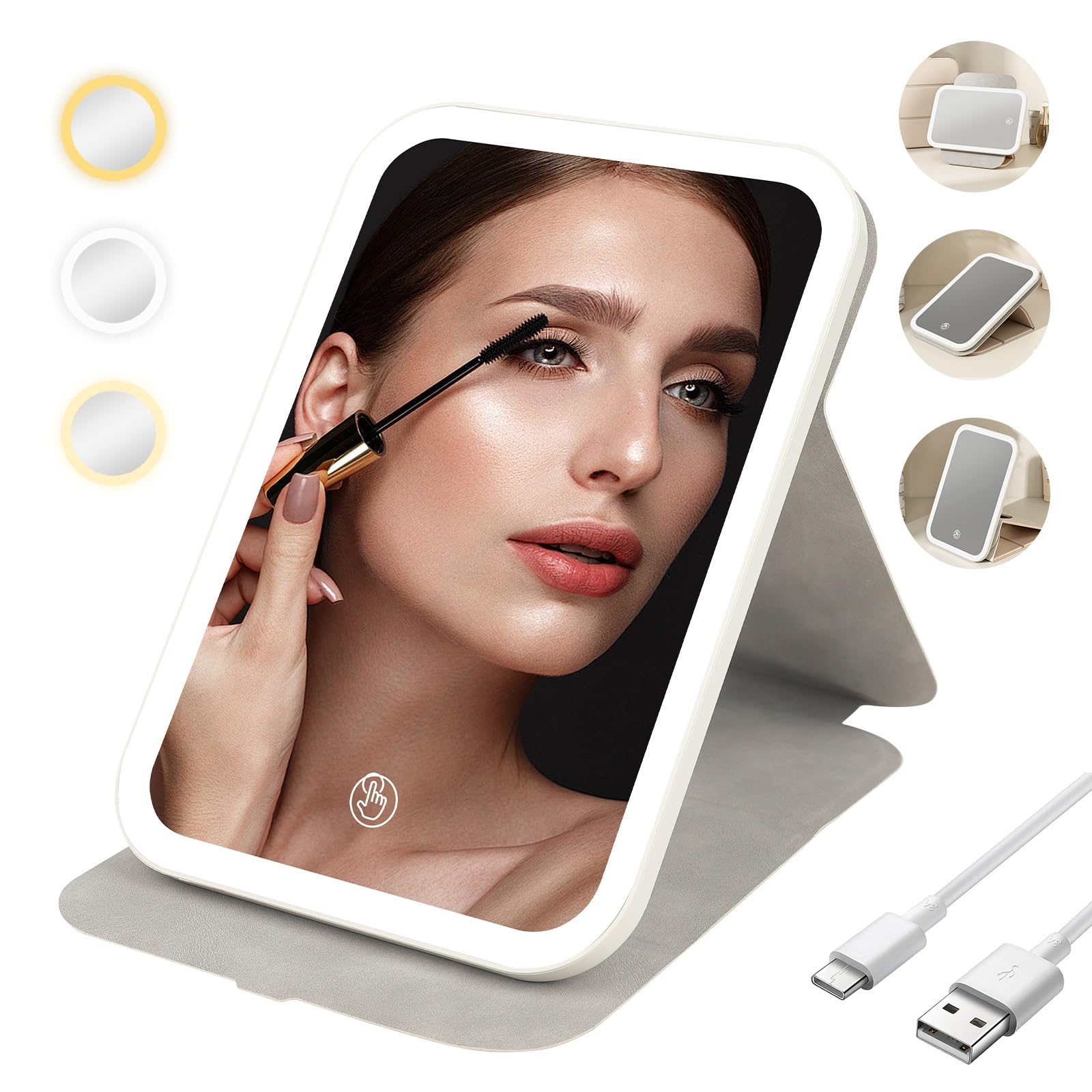 Cuteefun Espejo Maquillaje con Luz, Espejo de Viaje Portátil con Rotación de 360°, Brillo Ajustable, Recargable por USB, Espejo de Mesa Plegable con LED para Dormitorio, Tocador, de Viaje