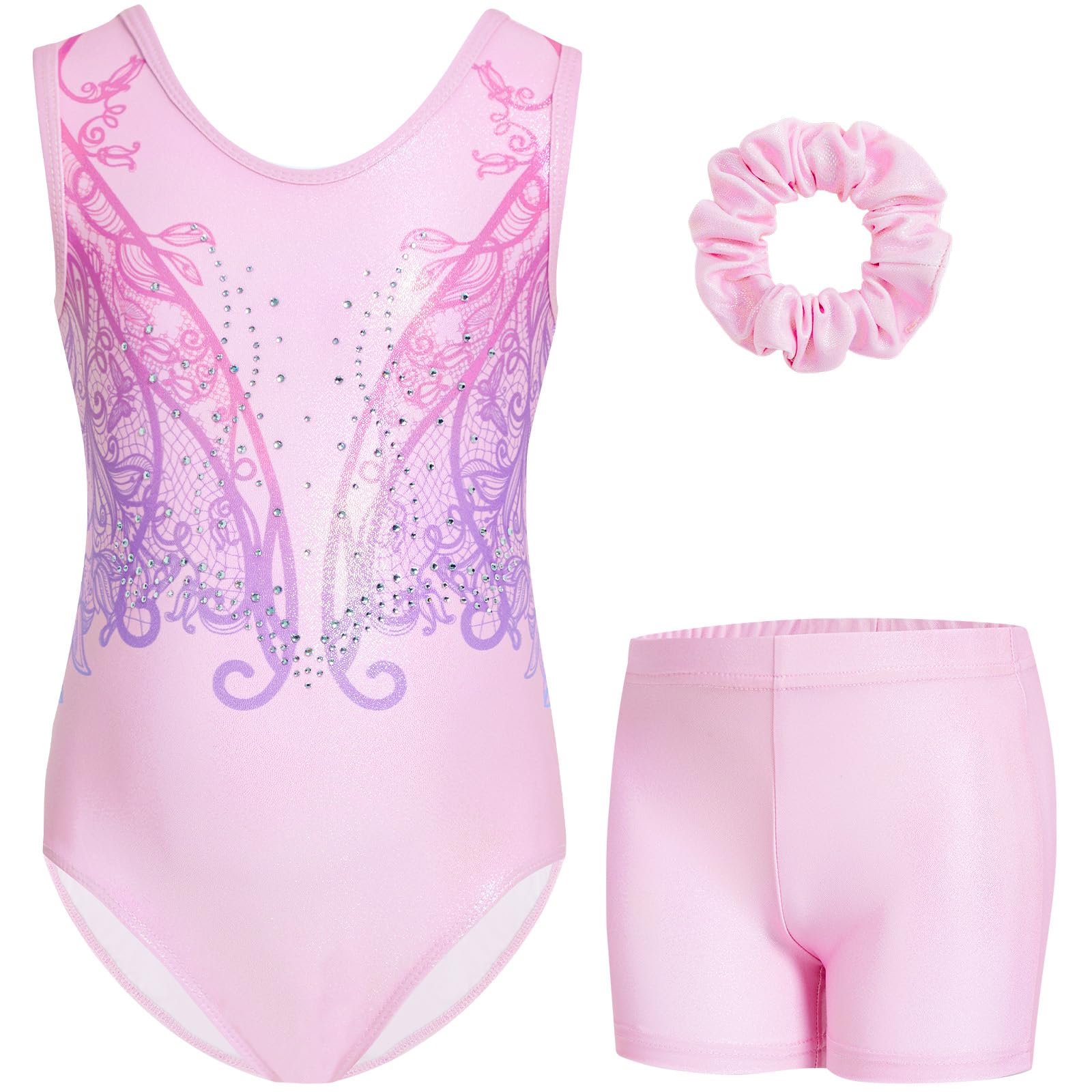 Gogokids Ärmelloses Gymnastiktrikot-Set für Mädchen, dreiteilig mit Shorts und Haargummi, Kinder Gymnastik Outfits mit Aushöhlen & überkreuztem Design, Glitzer Ballett-Einteiler für Alter 3-12