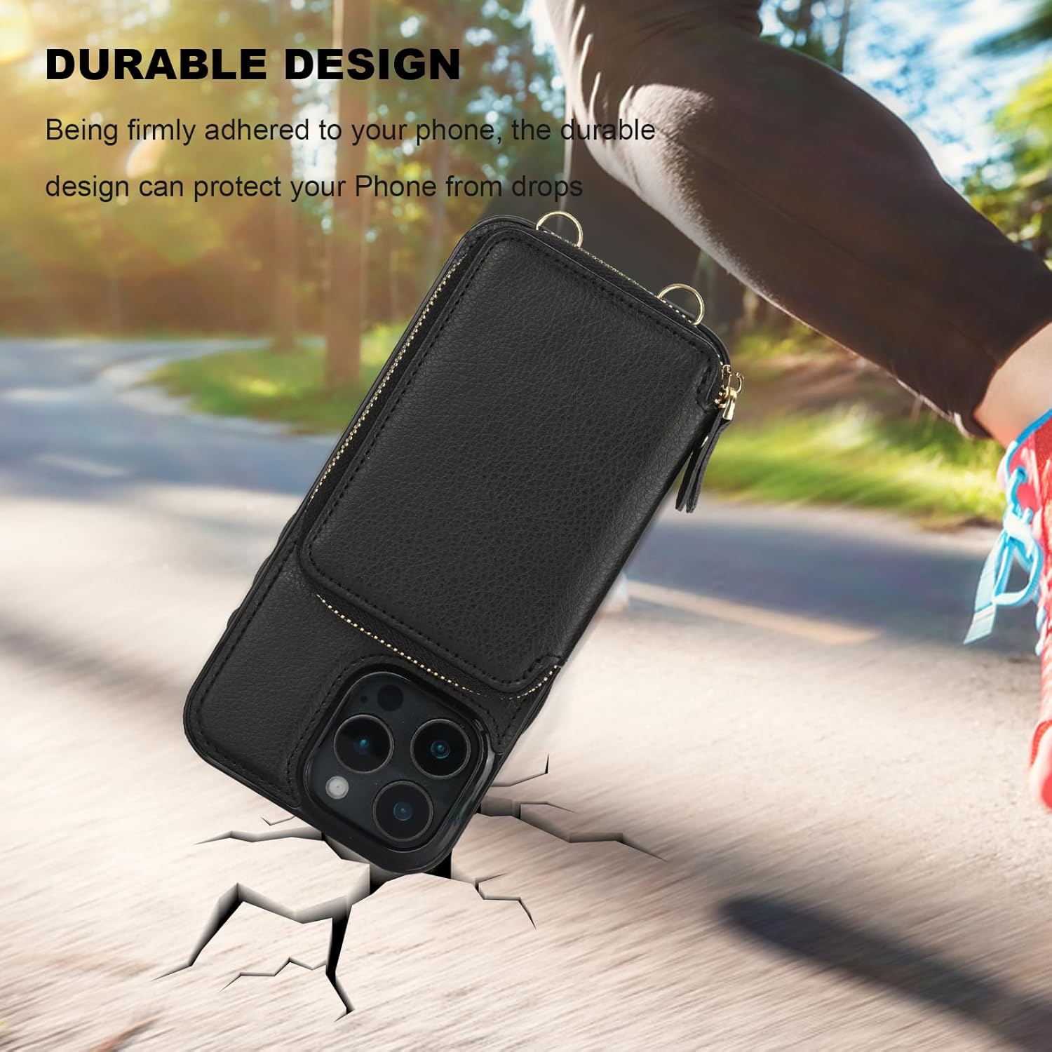 Bocasal RFID Blocking Wallet Case for iPhone 16 Pro Max, Adjustable Crossbody Zipper Purse Case Card Holder with Kickstand Detachable Wrist Strap, PU Leather Flip Folio Case 6.9 Inch 5G (Black) - Image 9