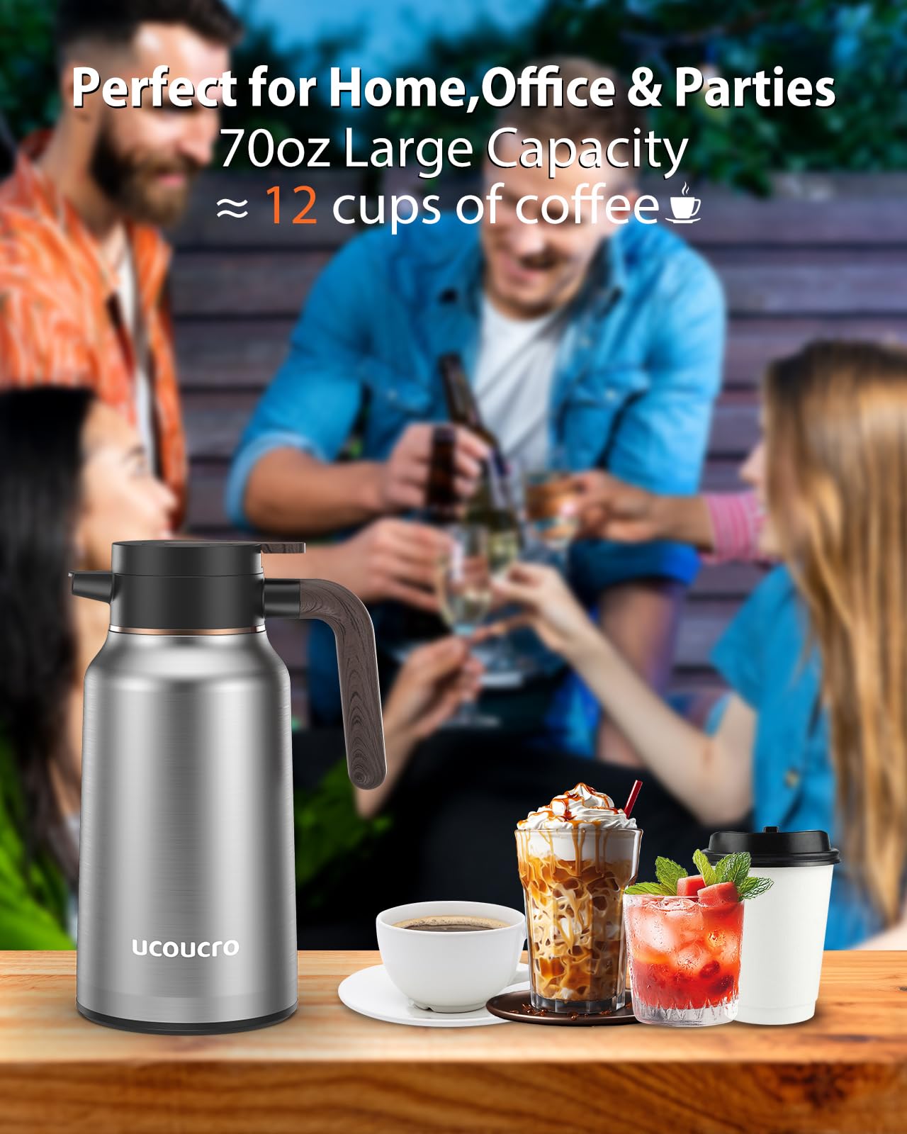 Jarra térmica de café de 70 onzas, jarra de acero inoxidable para líquidos calientes, dispensador de café aislado para mantener bebidas calientes/frías, café, té, agua, dispensador de bebidas para