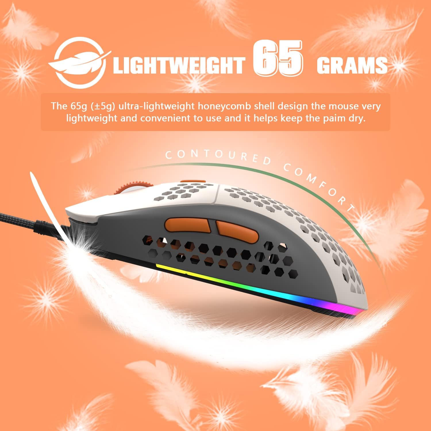 KUIYN 383 PRO M8 mouse highlighting its 65-gram lightweight design and contoured comfort