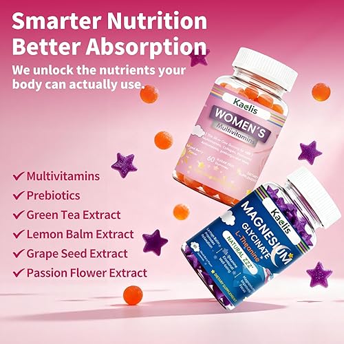 Miniatura 6 de Gomitas multivitamínicas y de magnesio para mujer suplemento diario 2 en 1 para mujeres con Ashwagandha prebiótico L-teanina glicinato de magnesio