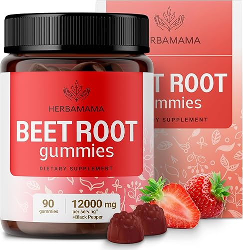 HERBAMAMA Gomitas de raíz de remolacha  12000 mg de remolacha roja con pimienta negra suplemento para apoyo general de la salud  Veganas, sin