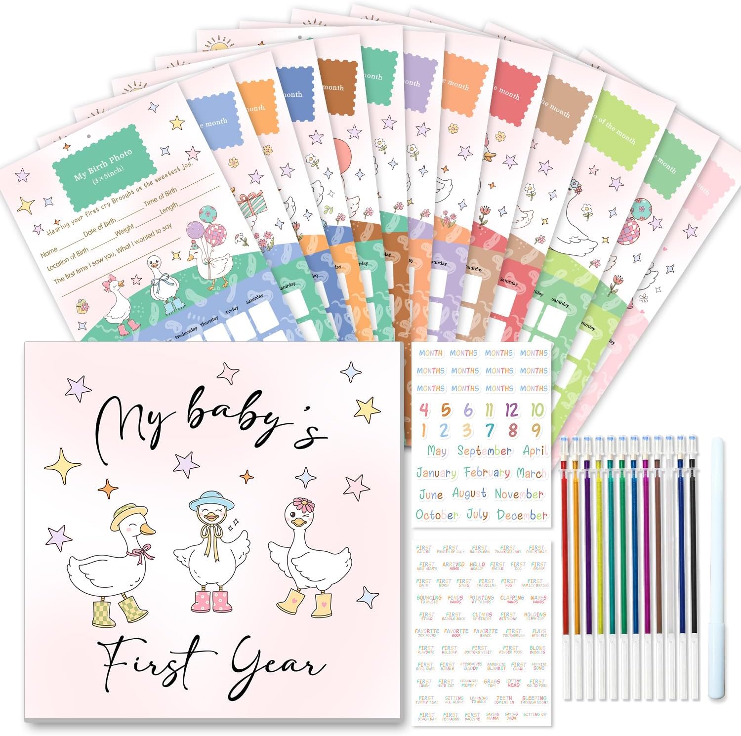 Baby's First Year Calendar with Stickers,Baby Milestone Calendar,Baby First Year Tracker,Babies Memory Book for Boys to Document and Cherish,Babies Scrapbook for New Mom and Newborn Boys