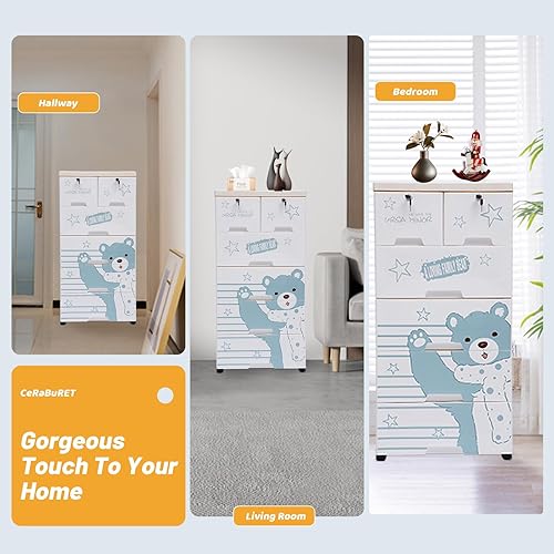 Miniatura 6 de CeRaBuRET Cajones de plástico con patrón de oso polar, armario de almacenamiento con 6 cajones, cajones de armario, organizador alto para salas de