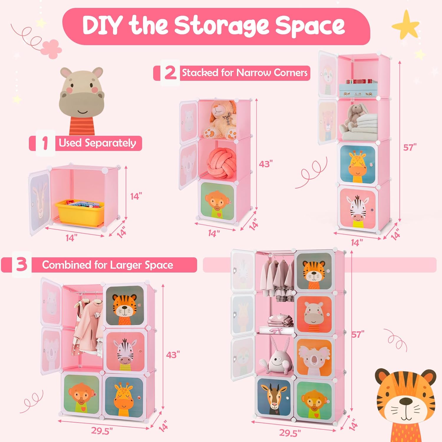 HONEY JOY Kids Wardrobe Closet, Baby Cartoon Clothes Storage Organizer, 8 Cubes & 2 Hanging Sections, Portable Children DIY Modular Bedroom Armoire Dresser Cabinet for Boys Girls (Pink, 8-Cube)