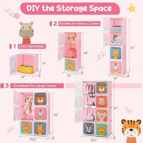 Miniatura 39 de HONEY JOY Armario para niños, organizador de almacenamiento de ropa de dibujos animados para bebés, 8 cubos y 2 secciones para colgar, armario