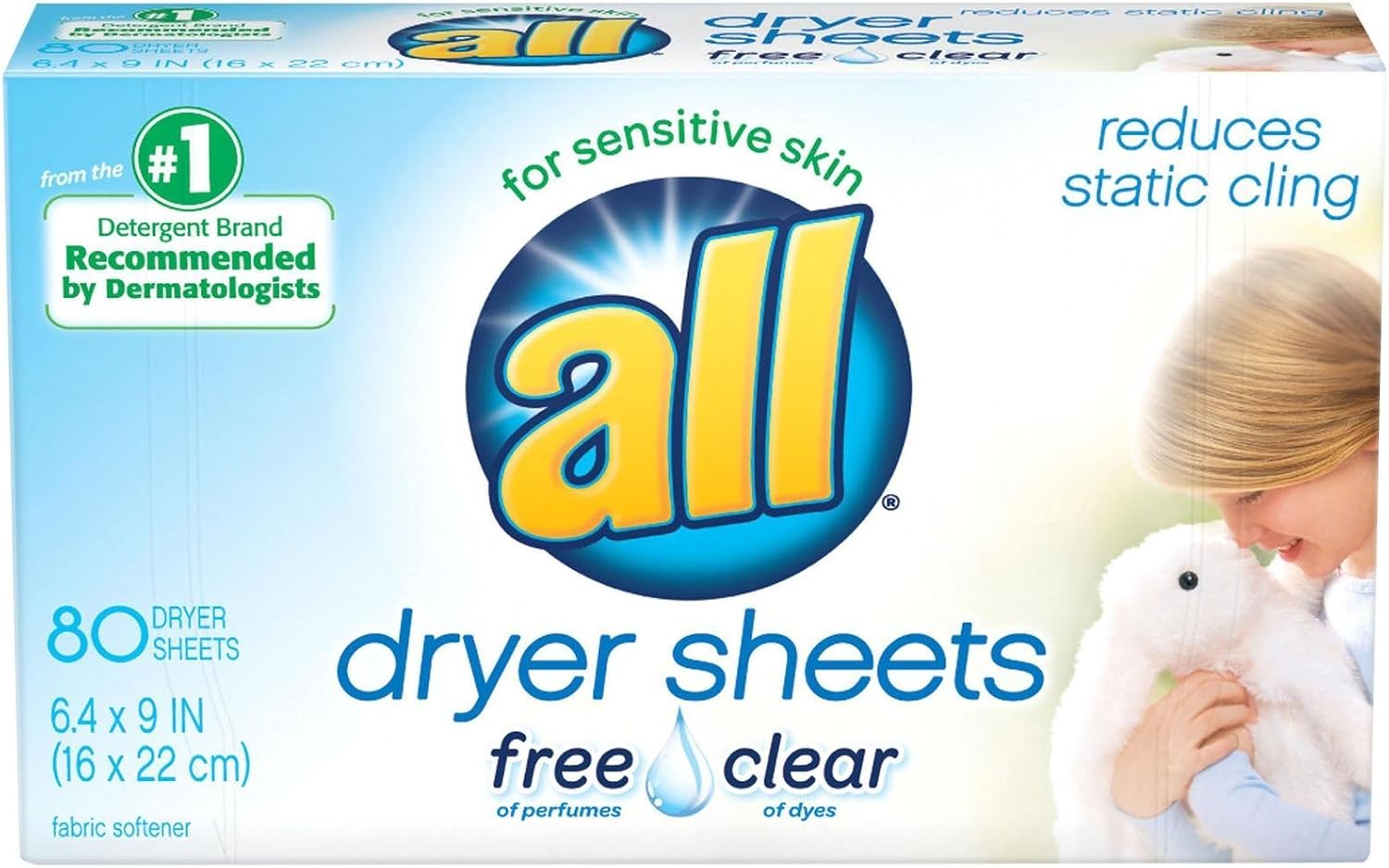 All Fabric Softener Dryer Sheets, Free and Clear, 80 Count