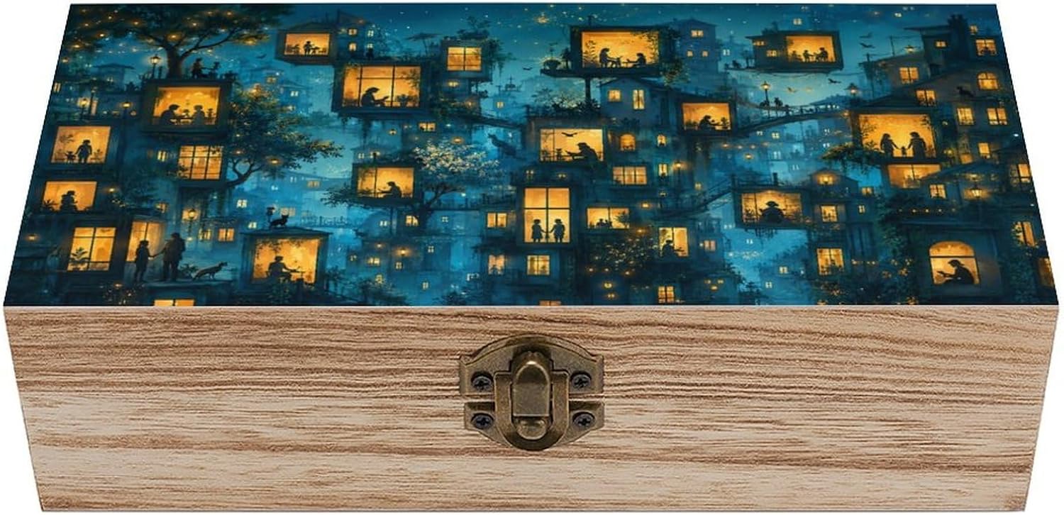 Whimsical Cityscape Under A Dreamy Night Sky Vintage Wooden Keepsake Box with Hinged Lid, Small Jewelry Chest & Memory Storage Organizer for Women Home Decor