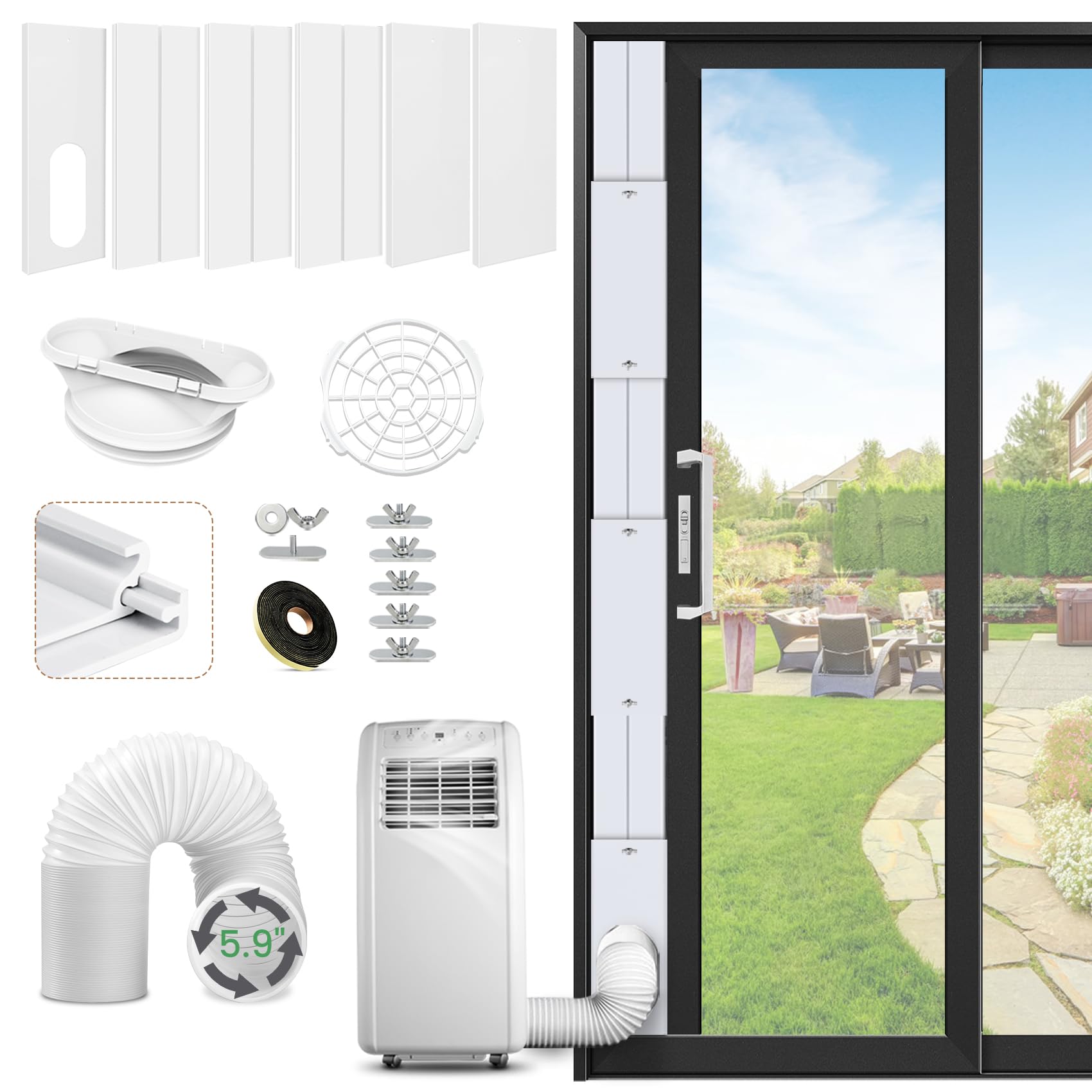 Portable AC Sliding Door Vent Kit, 78 Inch Exhaust Hose with 5.9 Inch Diameter, Adjustable 17-95"" Seal Plates, Seamless Installation for Sliding Doors/Windows, White