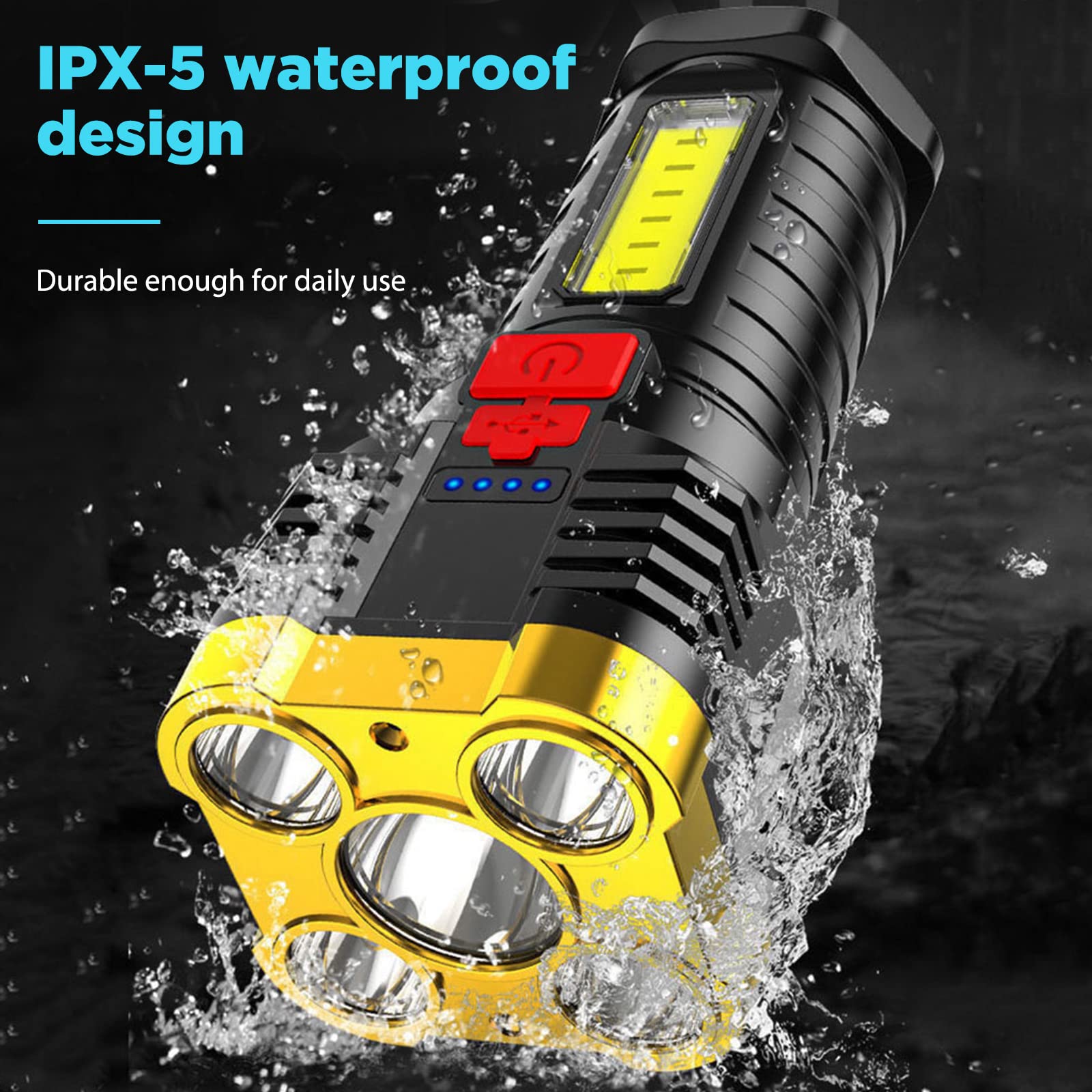 Torcia LED Ricaricabile USB 5 LED+COB 500 Lumen – Luci Da Campeggio Portatili 4 Modalità Impermeabile IPX4 Per Emergenza E Casa