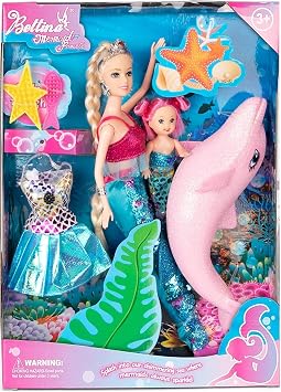 Mermaid Princess Doll Playset, Color Changing Mermaid, Dress Up Doll 12" and Dress Doll 3" and Dolphin, Color Change by by Reversing the Sequins Mermaid Toys for Little Girls and Play Gift Set Aged 3+