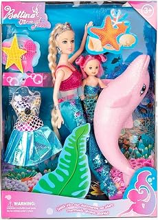 Mermaid Princess Doll Playset, Color Changing Mermaid, Dress Up Doll 12" and Dress Doll 3" and Dolphin, Color Change by by Reversing the Sequins Mermaid Toys for Little Girls and Play Gift Set Aged 3+