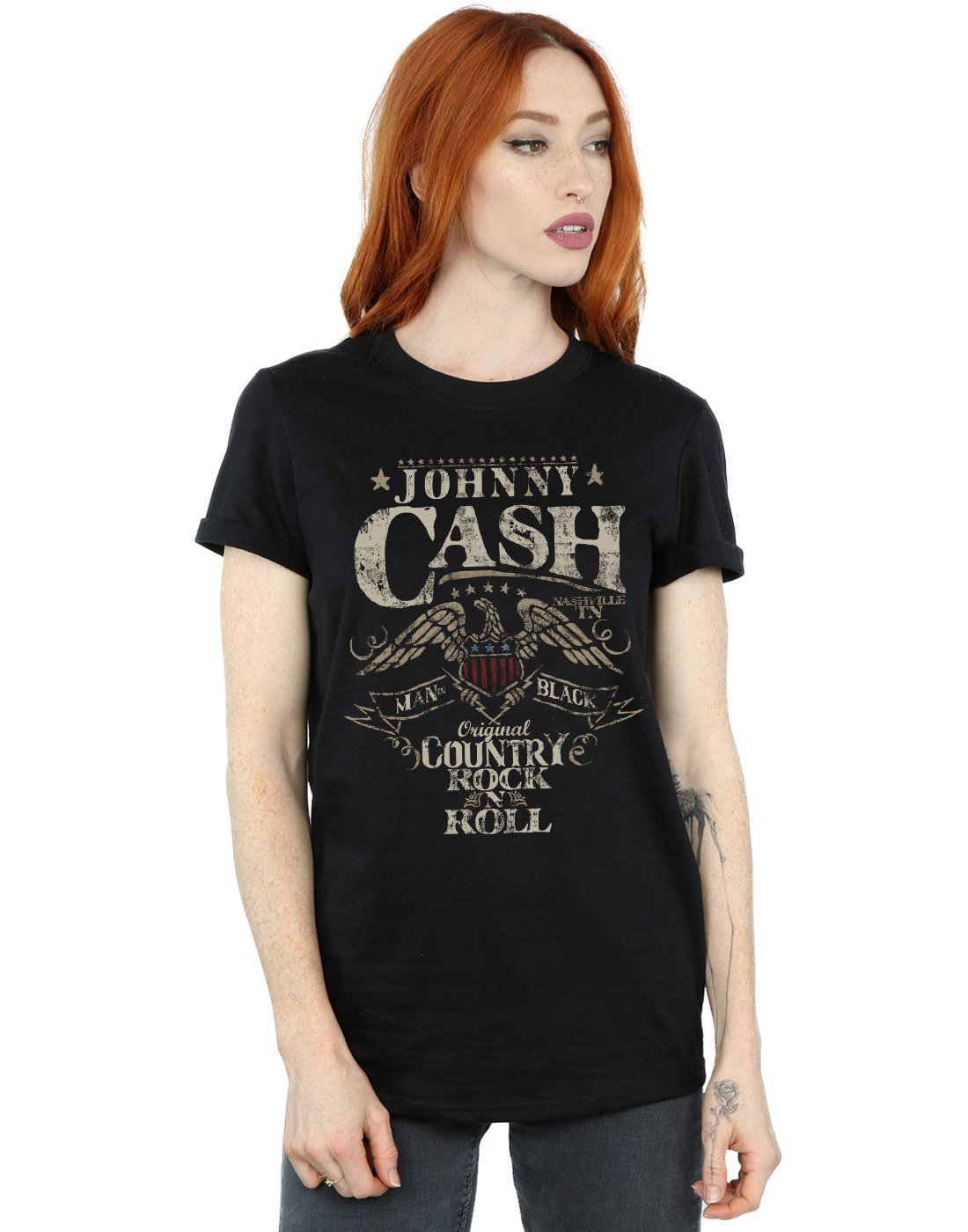 Absolute Cult Johnny Cash Women's Country Wings Boyfriend Fit T-Shirt Black XXX-Large