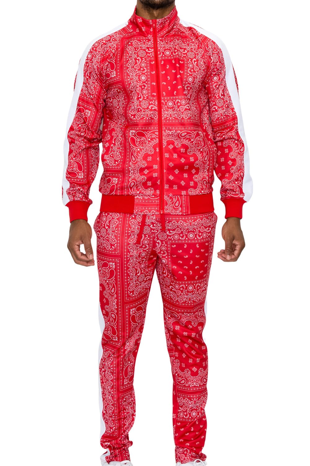 Men's Accented Bandana Paisley Tracksuit Set - Zipper Jacket and Sweatpants ST804 - Red Small