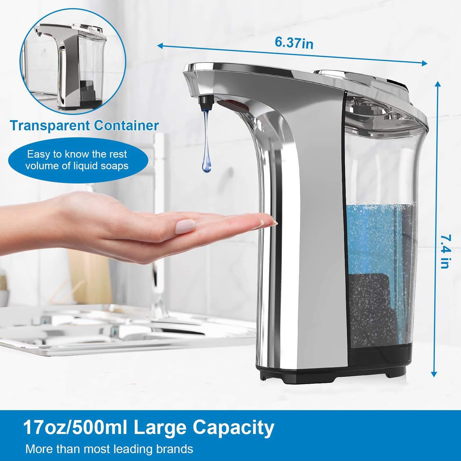 Automatyczny dozownik mydła – bezdotykowy dozownik mydła i balsamu do naczyń, pojemność 500 ml, 5 regulowanych objętości dozowania, przezroczysta konstrukcja okna, idealny do kuchni i łazienki
