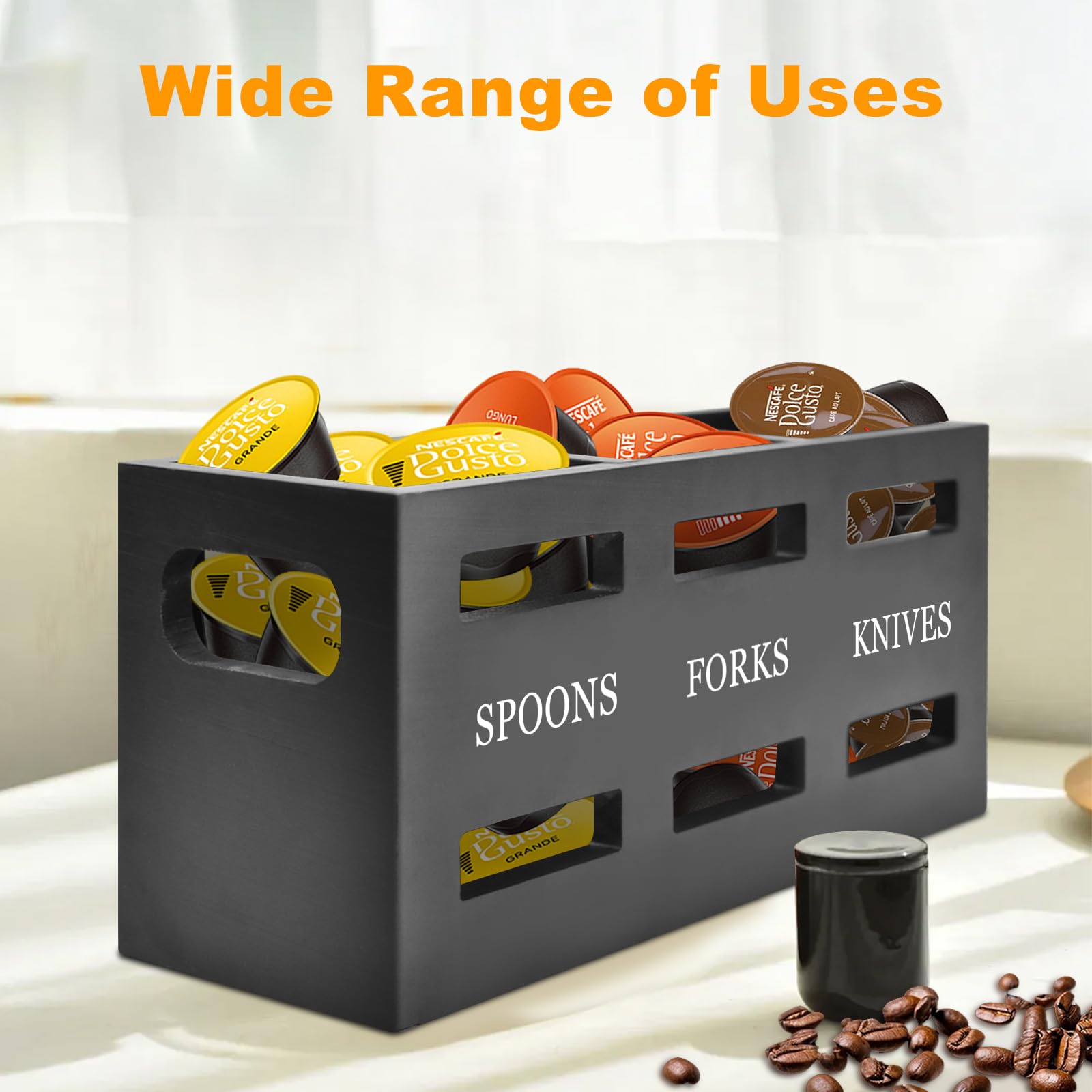 Portautensili da Cucina per Piano di Lavoro, Grande 3 Scomparti Porta Utensili Scolaposate in Legno, Organizer per Utensili Posate da Appoggio (Nero)