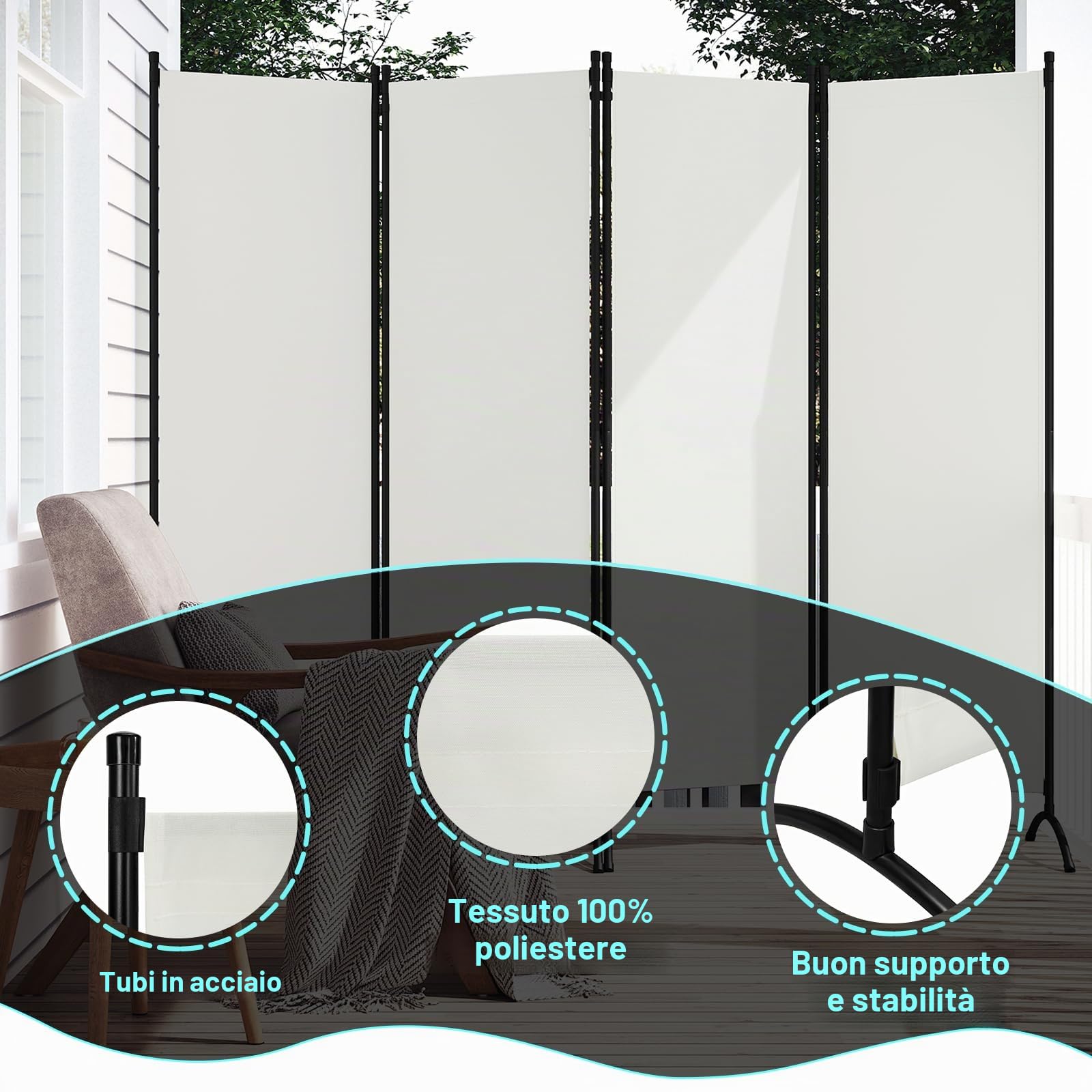 WOLTU Paravento 4 Pannelli 224x182 cm Crema, Divisorio per Camera da Letto, Parete Divisoria Pieghevole, Paravento per Interni ed Esterni, Ideale per Soggiorno, Balcone e Giardino
