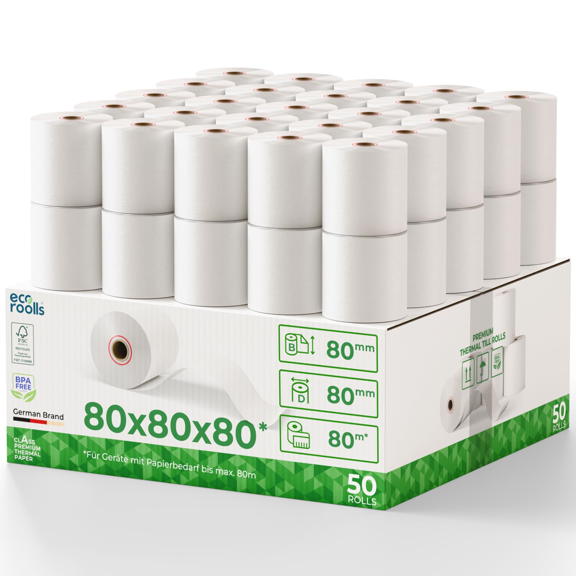 Thermorollen 80mm x 80mm x 12mm [Für alle üblichen Kassensysteme] - Kassenrollen 80x80x12 Thermo - Bonrollen Thermopapier - Geeignet für Drucksysteme mit Papierbedarf bis 80m (50 Stk)