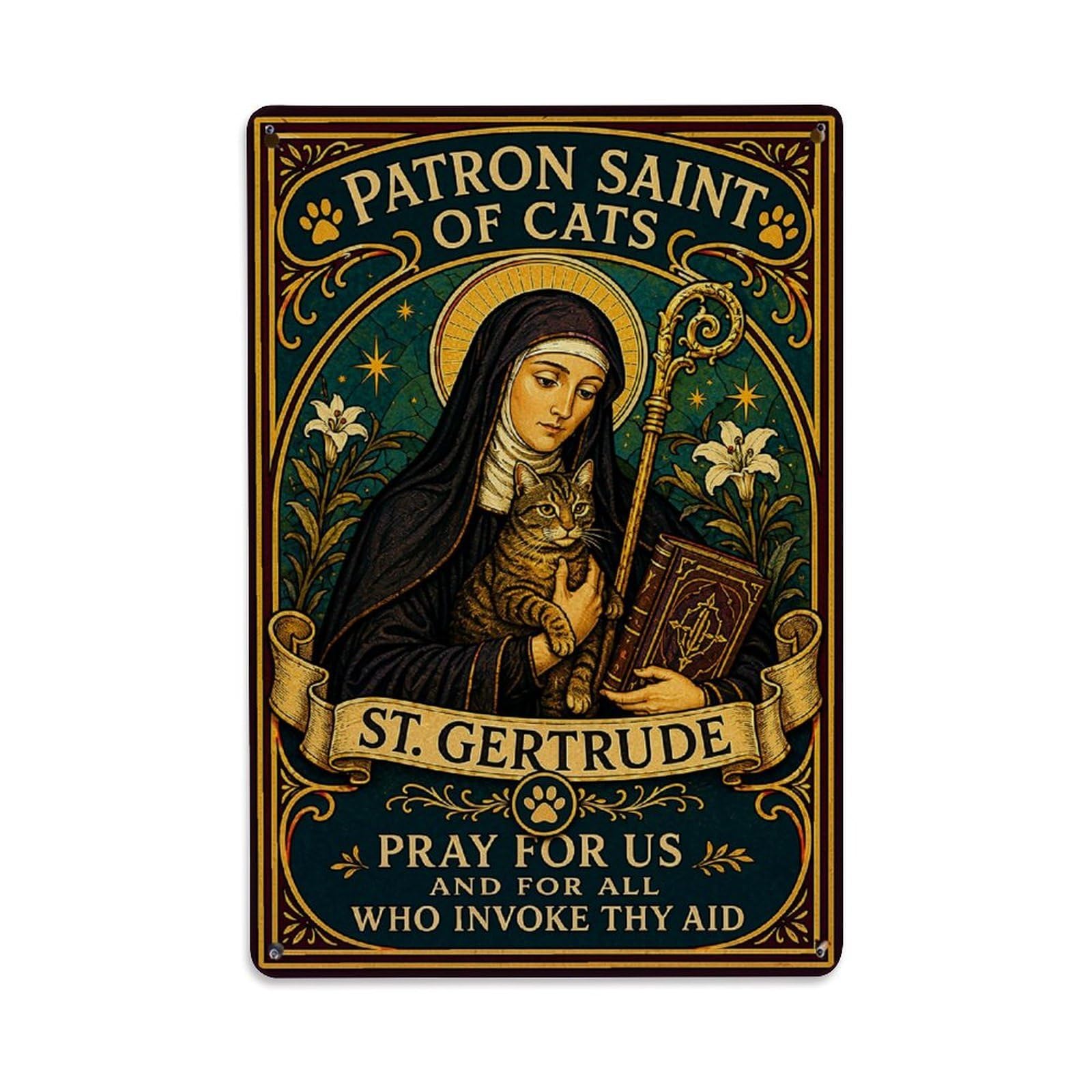 Nestemfo Vintage Patron Saint Of Cats Tin Sign Metal Sign, Living Room,Bar, Home, Bedroom Wall Decor,Retro Metal Poster 8X12 Inches