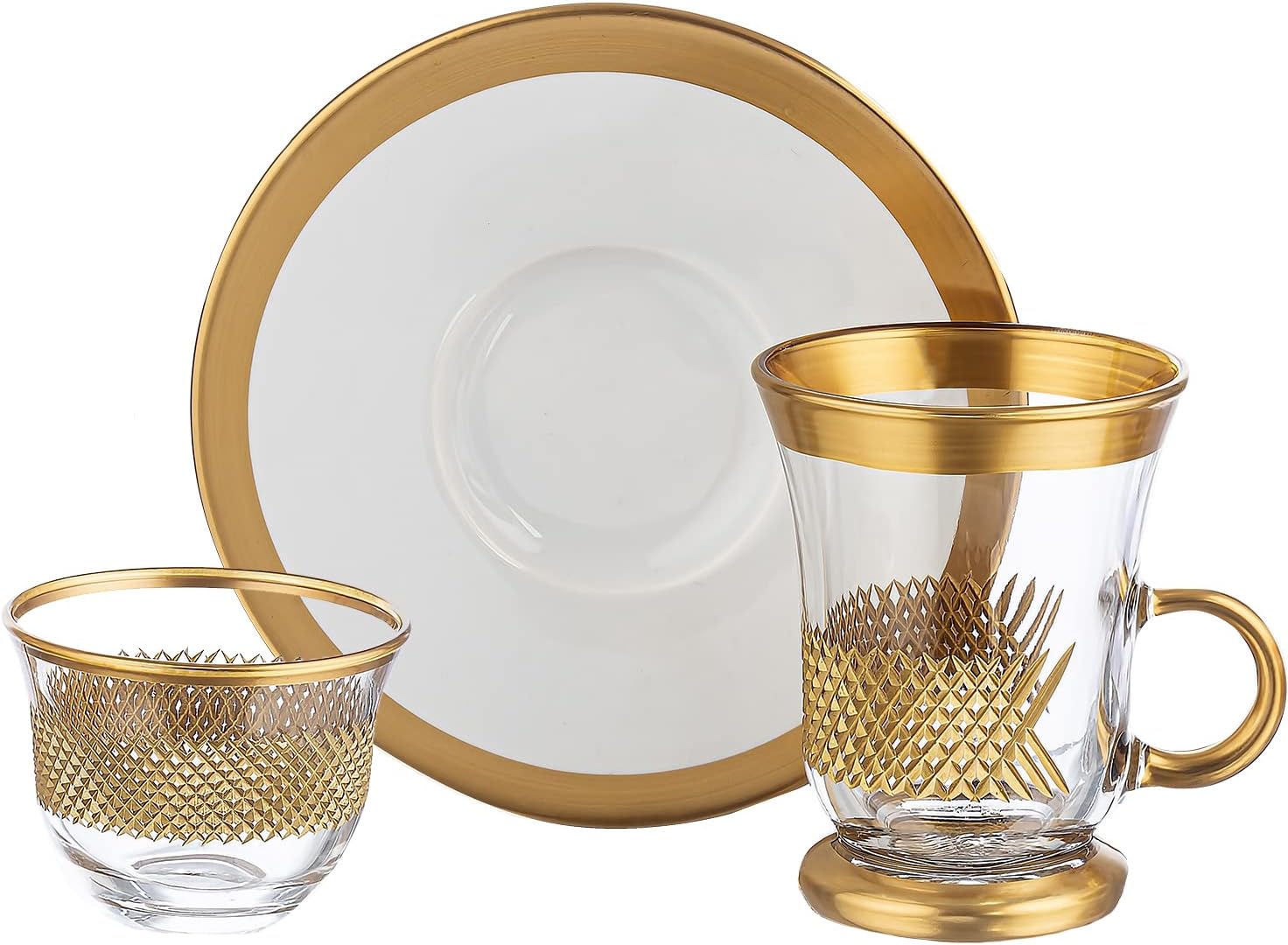 DECOSTYLE, Turkish Tea Set and Plate Set (Set of 6), 18 Pieces, Arabian Tea İstikan Glass Set, matte (gold) Tea Time Vintage Handmade Set, Design Tea Set by Turkish Glass Masters, Capacity:140 cc