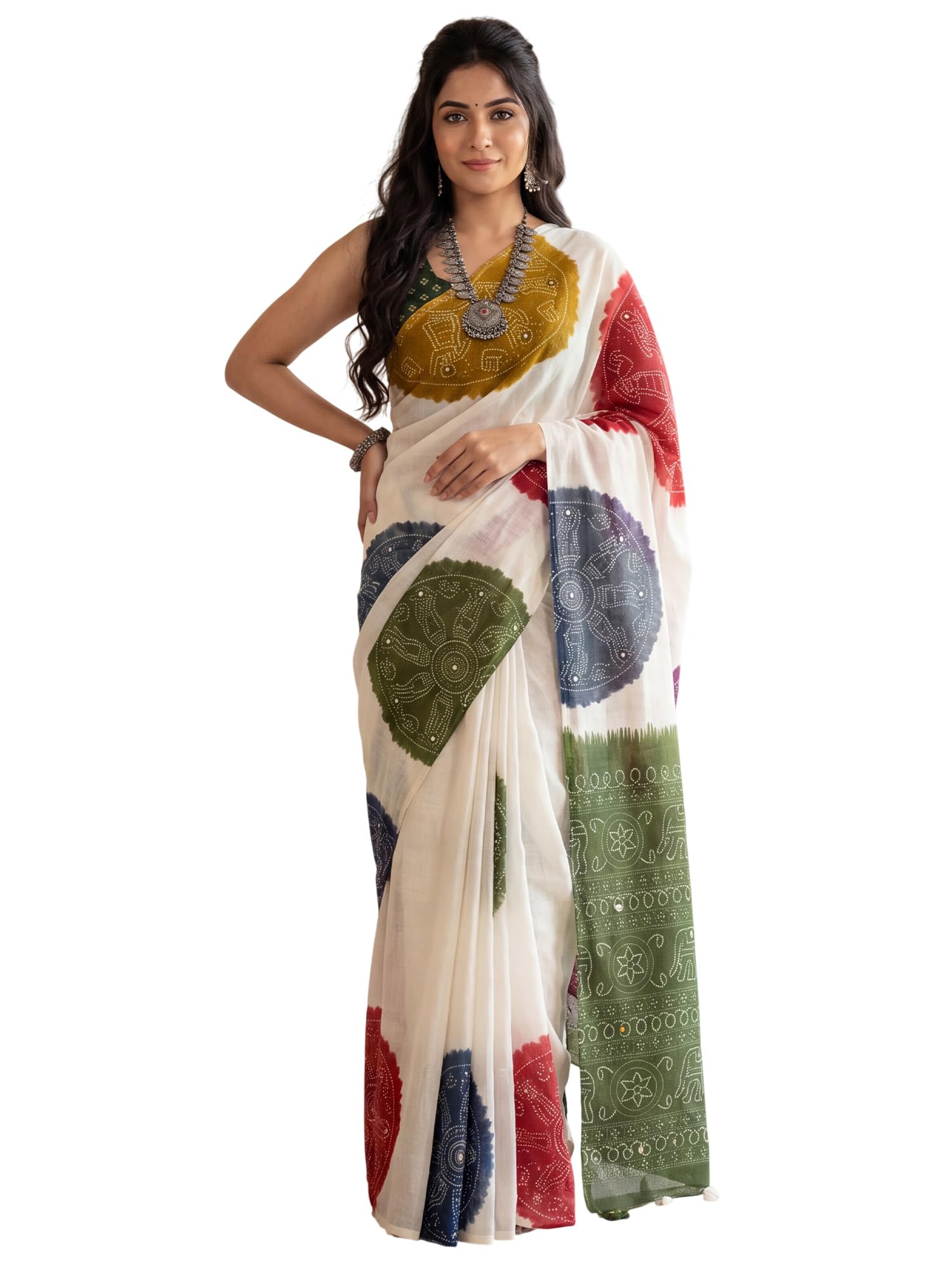 Women's Linen Bandhani Print Real Mirror Work Saree With Unstitched Blouse Piece|Linen Saree|Linen Saree For Women (LMIROR2001_KT_Parent)-image-25
