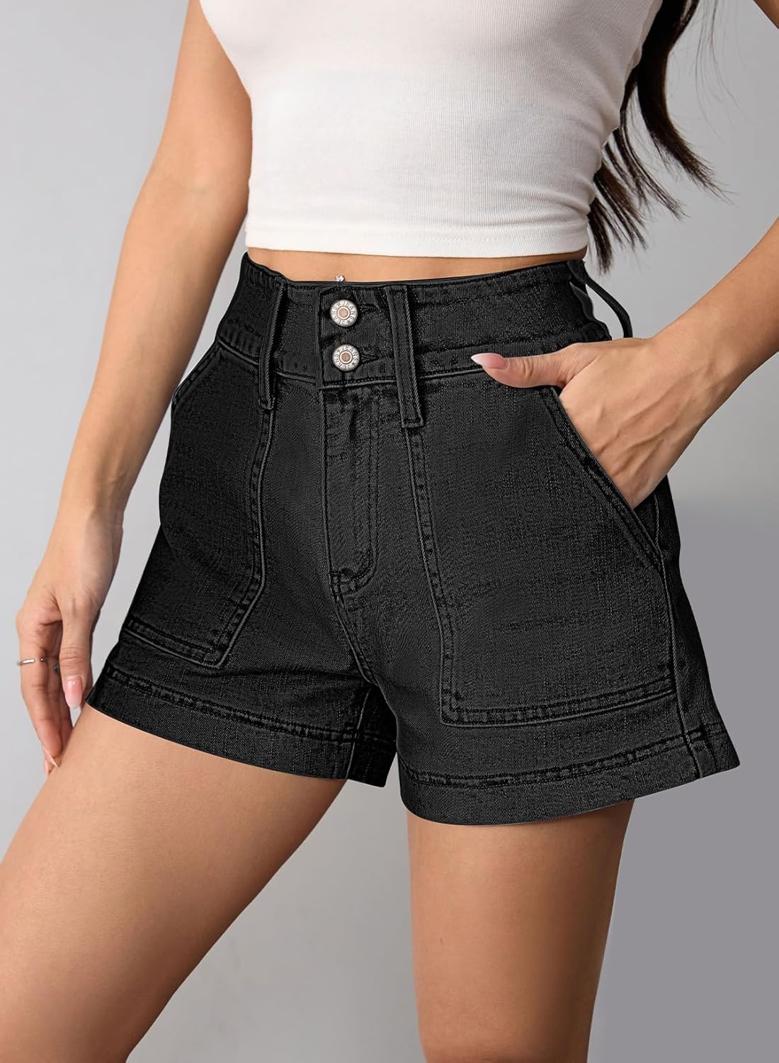 Pink Queen Women's High Waisted Denim Shorts 2026 Casual Summer Hot Short Jeans Vintage Patch Pocket Jeans Shorts - Image 6