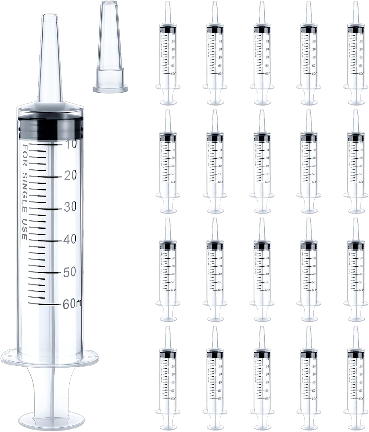 20pcs 60ml Clear Plastic Syringe for Liquid Measuring Syringes Without Needle with Cap, Sterile, Craft, Feeding Pets, Scientific Labs, Individually Wrapped