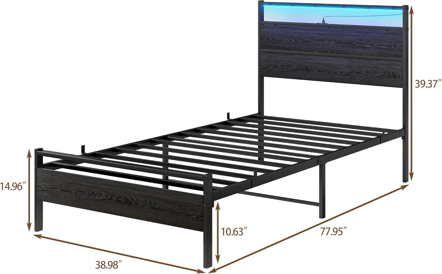Twin Bed Frame with Headboard/LED Lights,Metal Bed Frame Twin Size with Charging Station,Twin Platform Bed Frame Twin Size No Box Spring Needed,Beds Base,Heavy Duty Metal Slats Support,No Noise,Black - Image 2